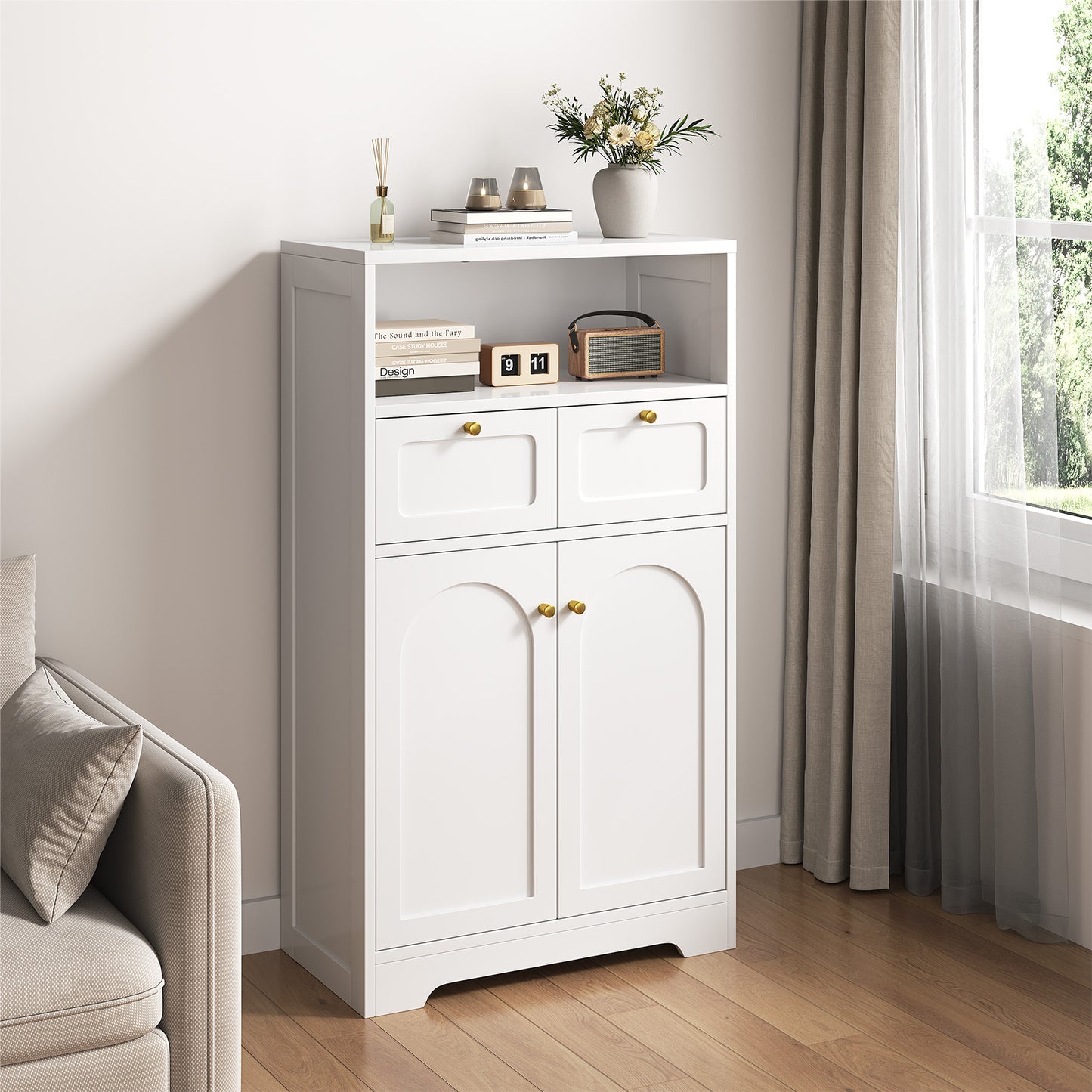 Modern Bathroom Floor Cabinet with Open Shelf 2 Doors 2 Drawers Storage Cabinet Cupboard for Living Room Kitchen Home Office White
