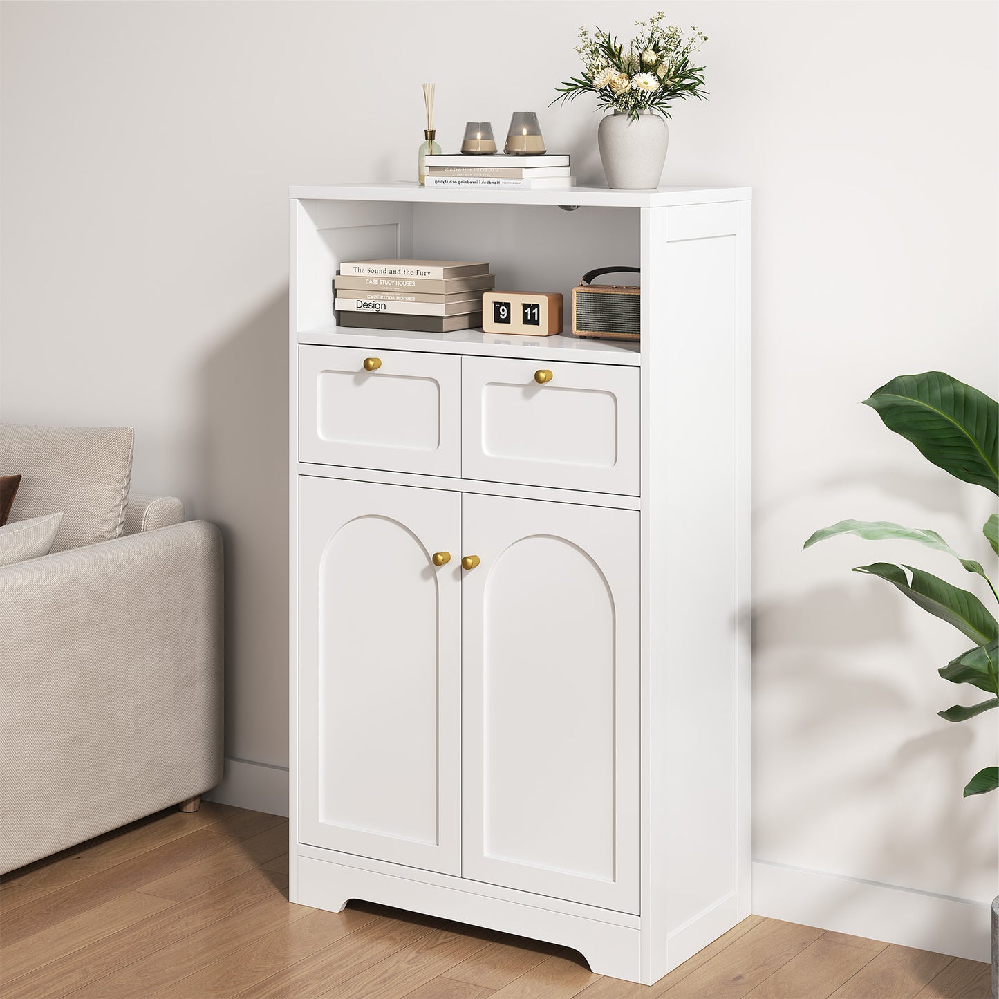 Modern Bathroom Floor Cabinet with Open Shelf 2 Doors 2 Drawers Storage Cabinet Cupboard for Living Room Kitchen Home Office White