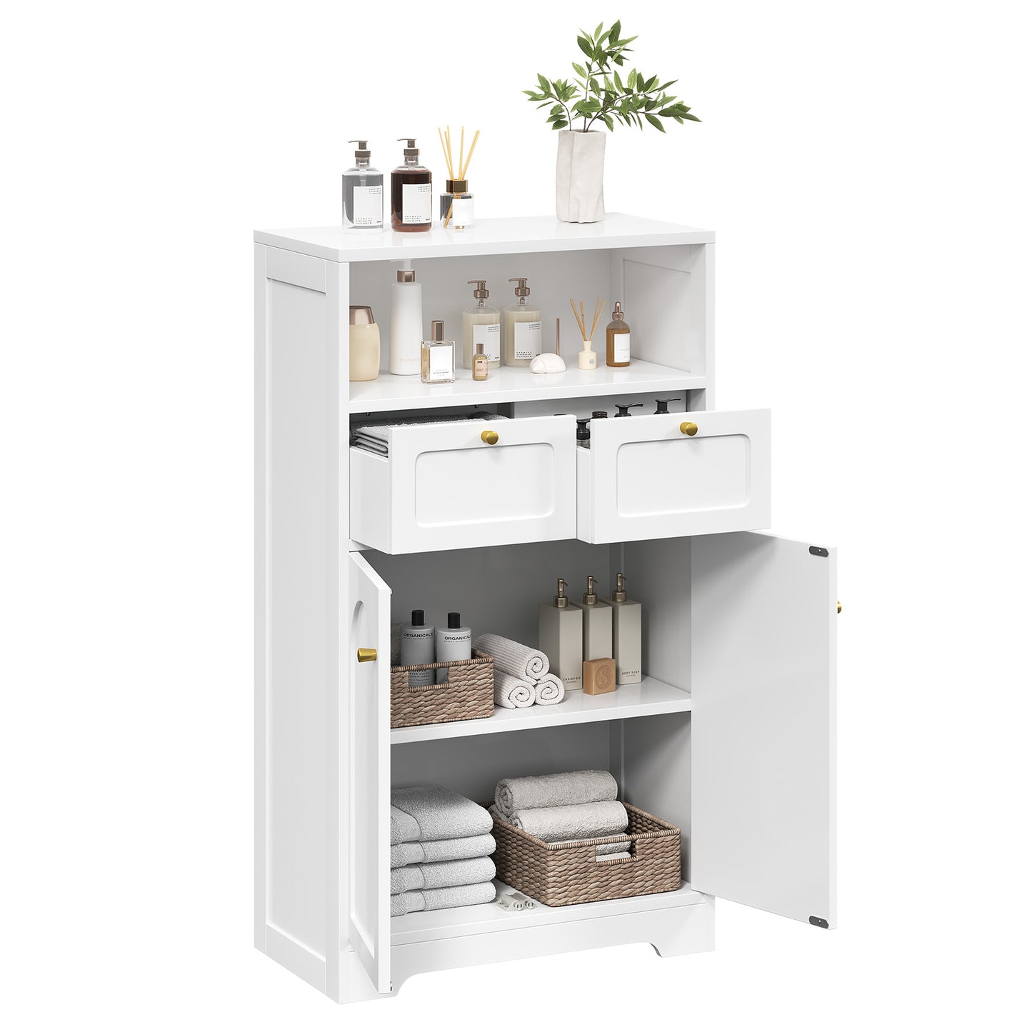 Modern Bathroom Floor Cabinet with Open Shelf 2 Doors 2 Drawers Storage Cabinet Cupboard for Living Room Kitchen Home Office White