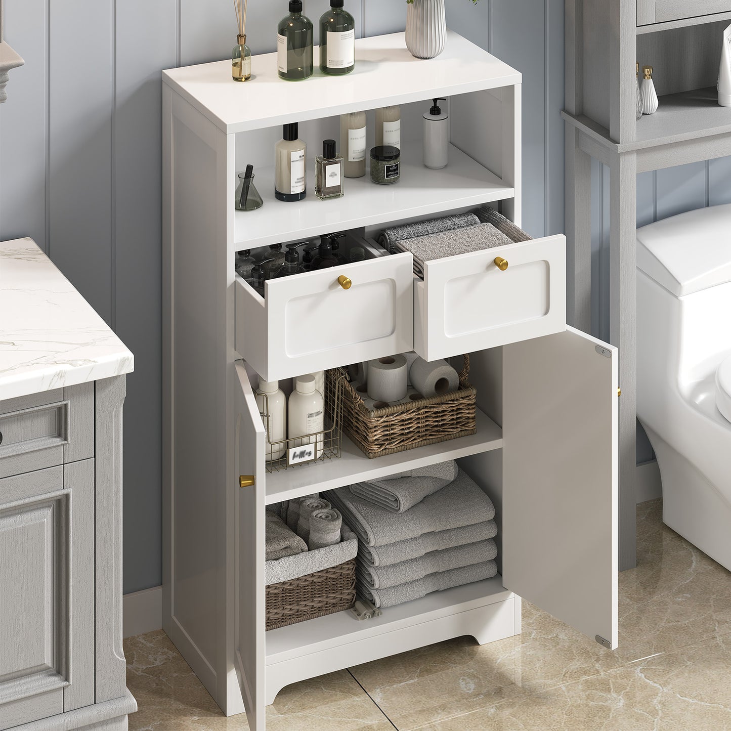 Modern Bathroom Floor Cabinet with Open Shelf 2 Doors 2 Drawers Storage Cabinet Cupboard for Living Room Kitchen Home Office White