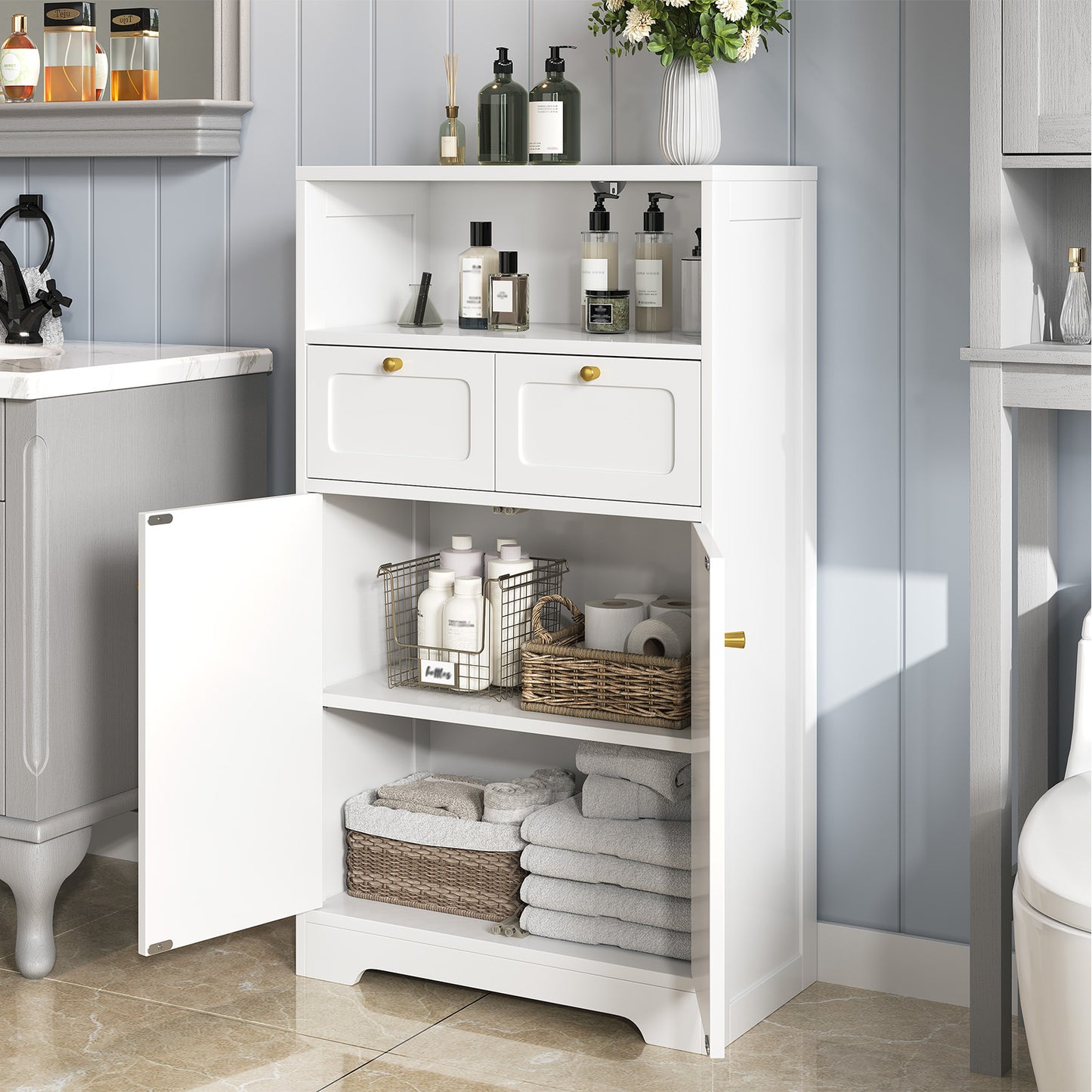 Modern Bathroom Floor Cabinet with Open Shelf 2 Doors 2 Drawers Storage Cabinet Cupboard for Living Room Kitchen Home Office White