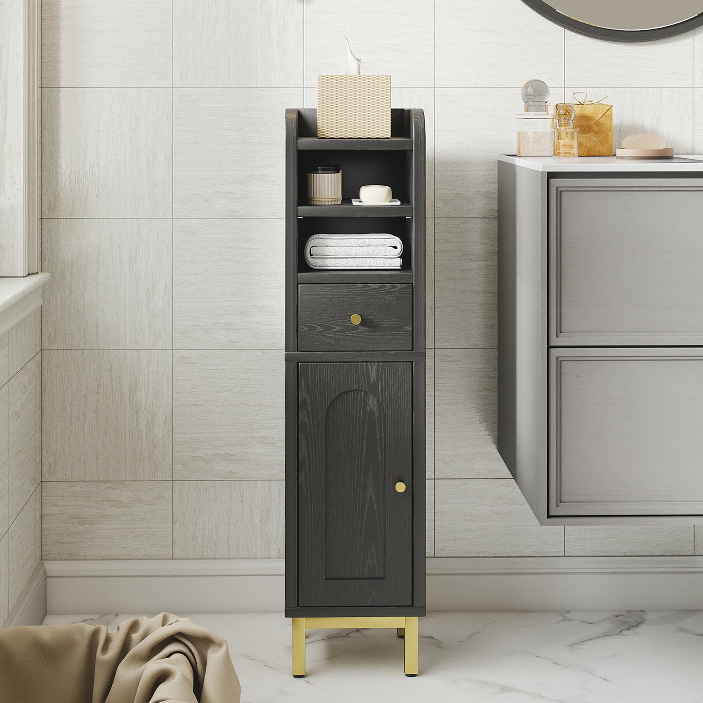 Bathroom Storage Cabinet Modern Corner Floor Cabinet Small Storage Organizer Stand with Drawer and Door Adjustable Shelf Black