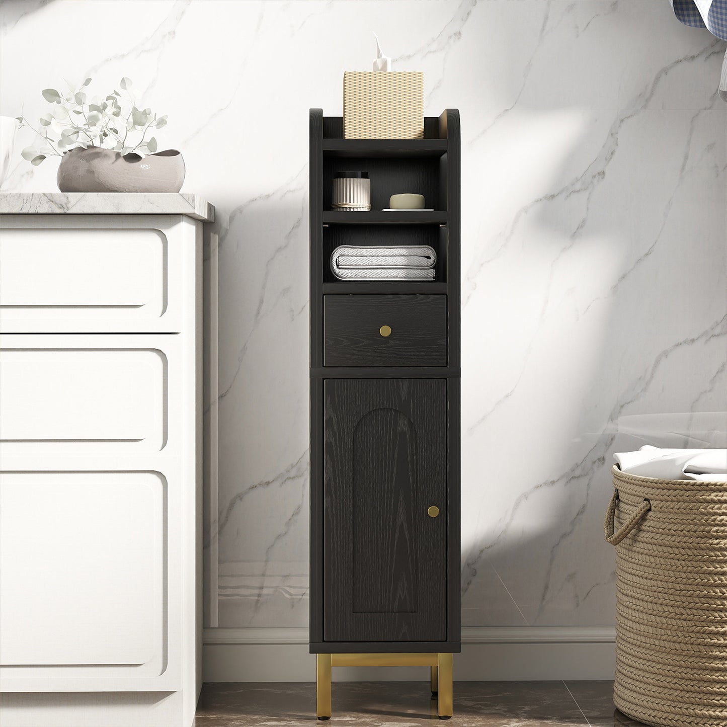 Bathroom Storage Cabinet Modern Corner Floor Cabinet Small Storage Organizer Stand with Drawer and Door Adjustable Shelf Black