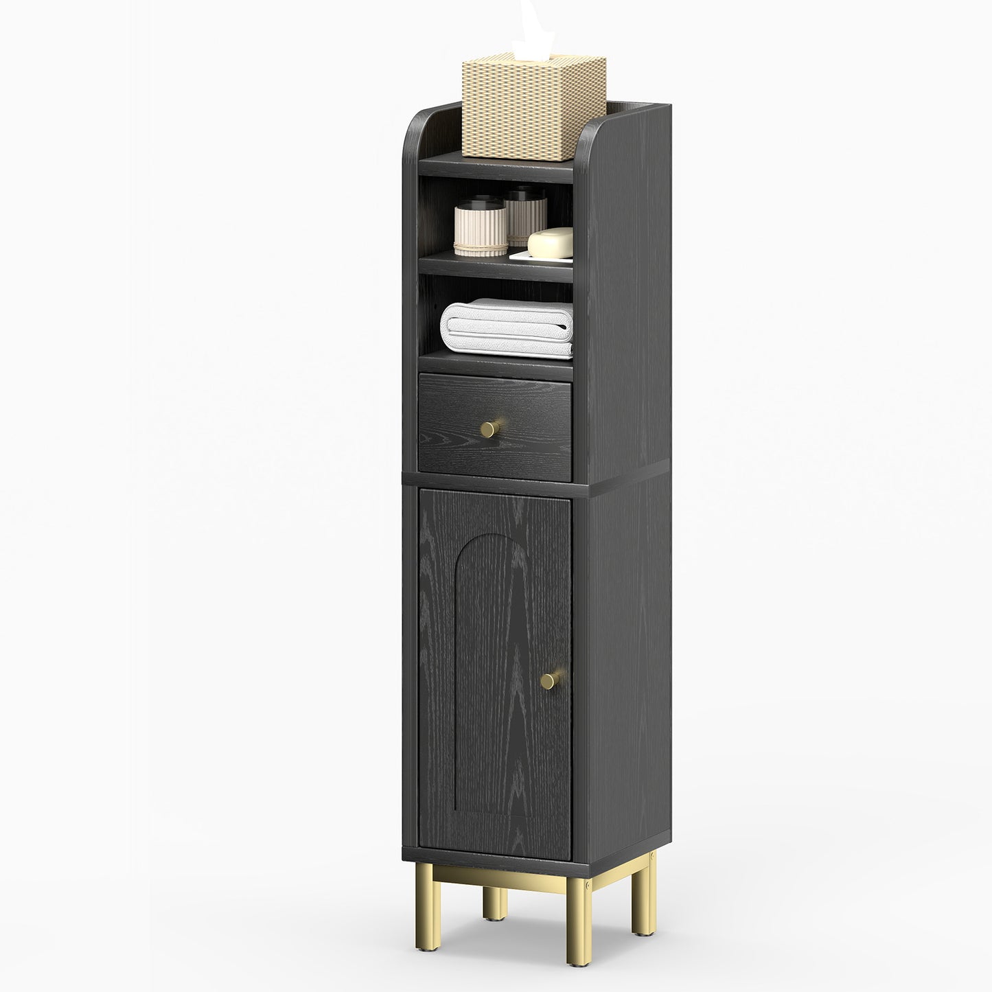 Bathroom Storage Cabinet Modern Corner Floor Cabinet Small Storage Organizer Stand with Drawer and Door Adjustable Shelf Black