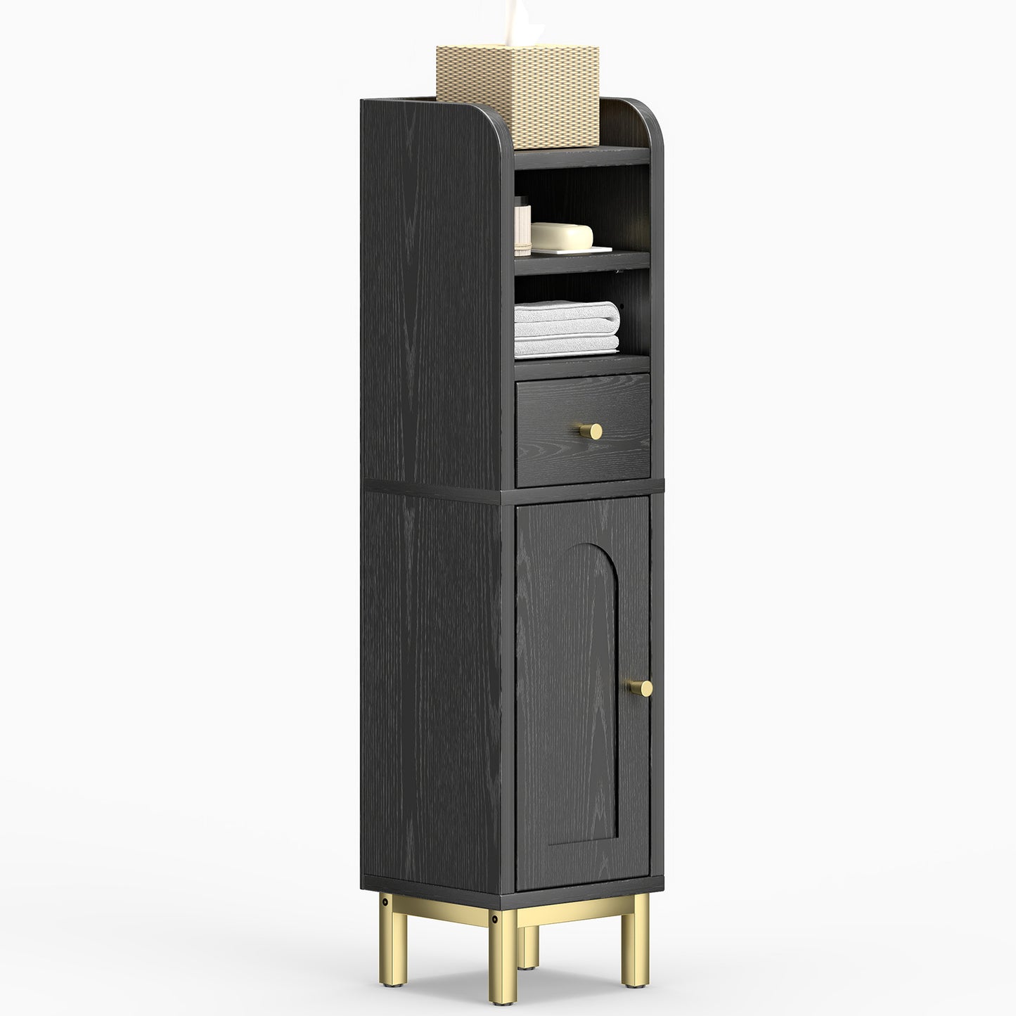 Bathroom Storage Cabinet Modern Corner Floor Cabinet Small Storage Organizer Stand with Drawer and Door Adjustable Shelf Black