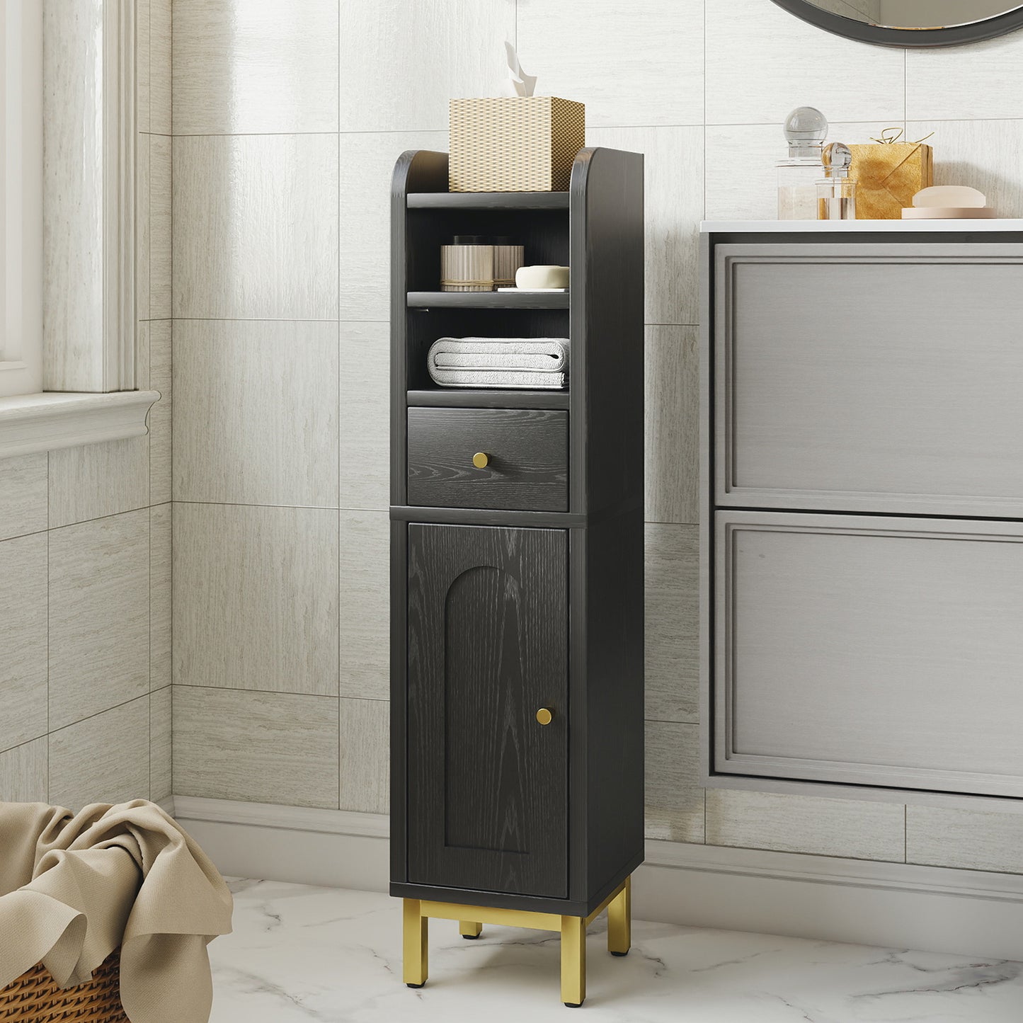 Bathroom Storage Cabinet Modern Corner Floor Cabinet Small Storage Organizer Stand with Drawer and Door Adjustable Shelf Black