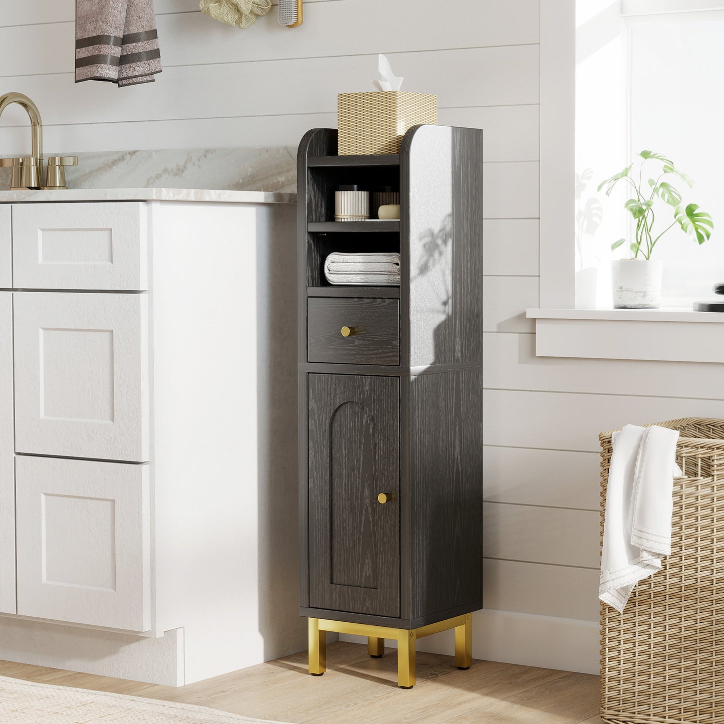 Bathroom Storage Cabinet Modern Corner Floor Cabinet Small Storage Organizer Stand with Drawer and Door Adjustable Shelf Black