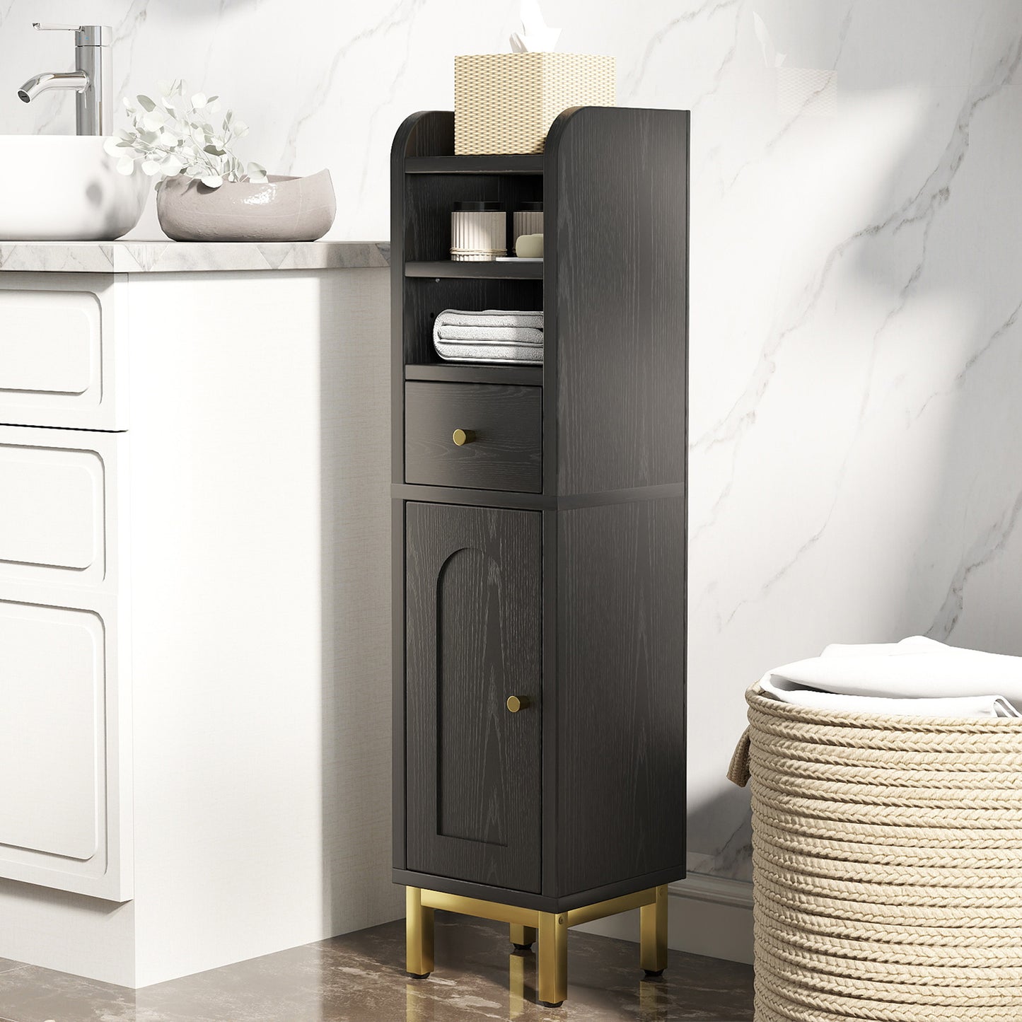 Bathroom Storage Cabinet Modern Corner Floor Cabinet Small Storage Organizer Stand with Drawer and Door Adjustable Shelf Black