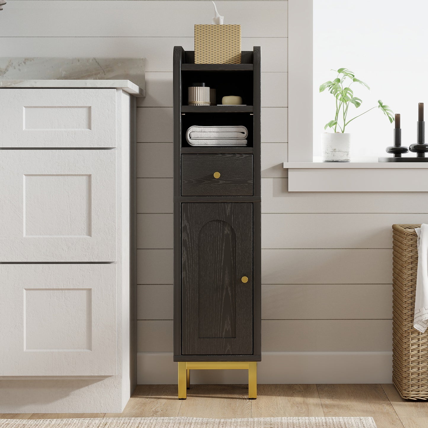 Bathroom Storage Cabinet Modern Corner Floor Cabinet Small Storage Organizer Stand with Drawer and Door Adjustable Shelf Black