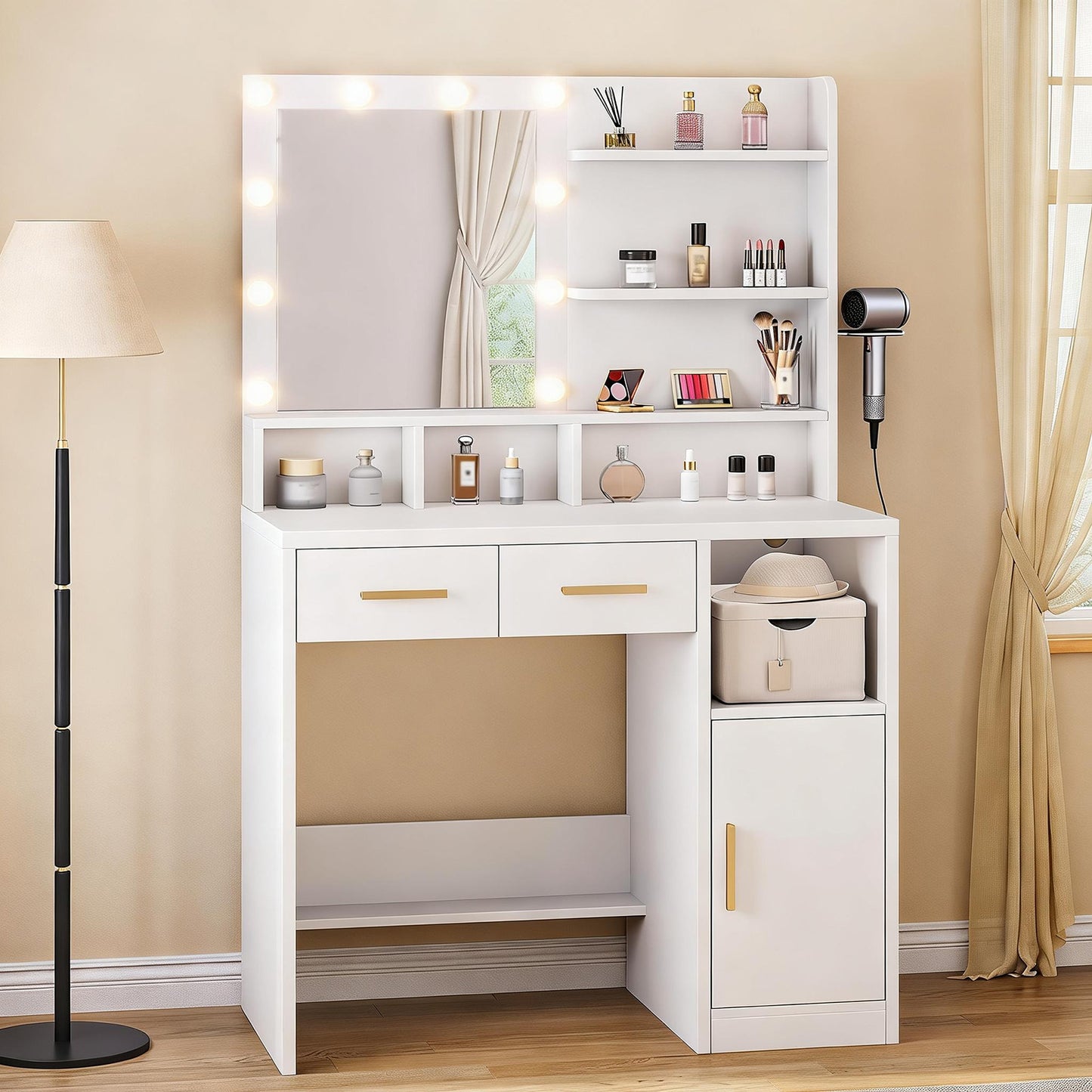 Vanity Desk White Easy Assembly Makeup Table with Mirror 3 Color LED Bulbs Power Outlet Open Storage Shelves Cabinet Drawers for Bedroom