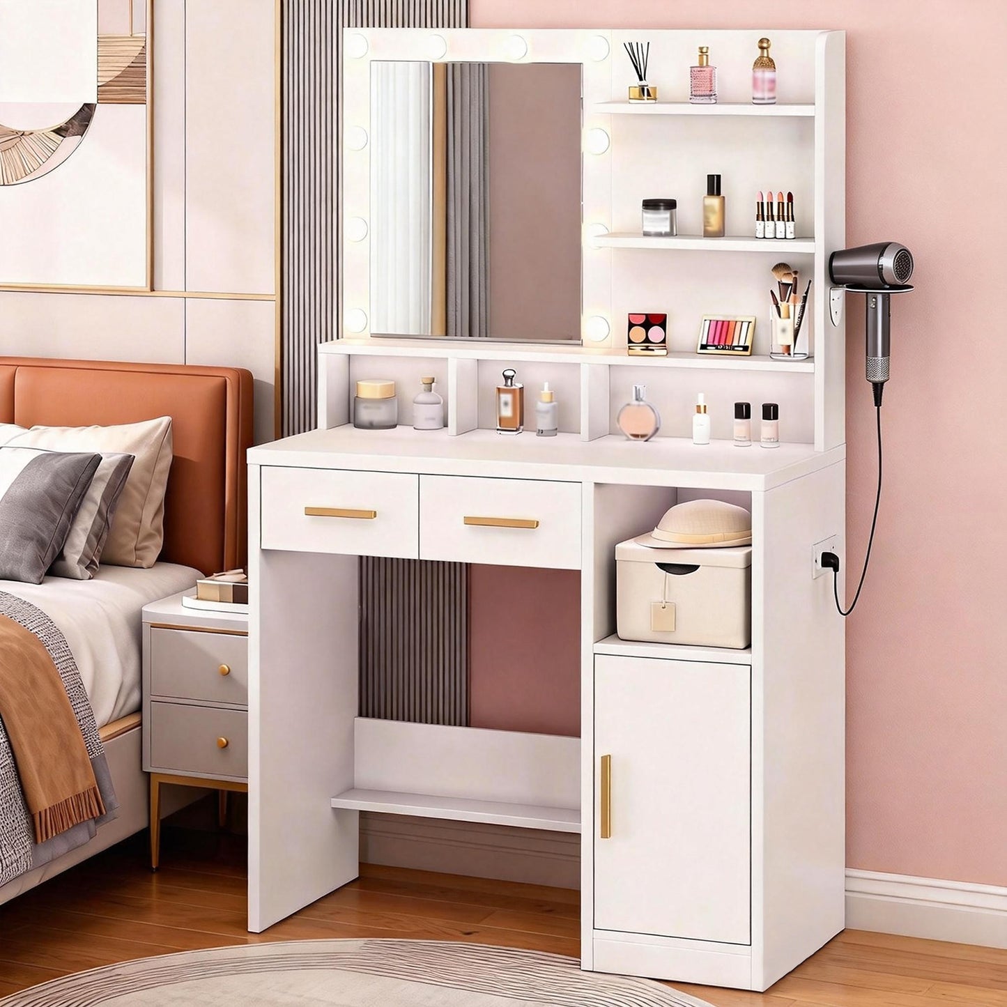 Vanity Desk White Easy Assembly Makeup Table with Mirror 3 Color LED Bulbs Power Outlet Open Storage Shelves Cabinet Drawers for Bedroom