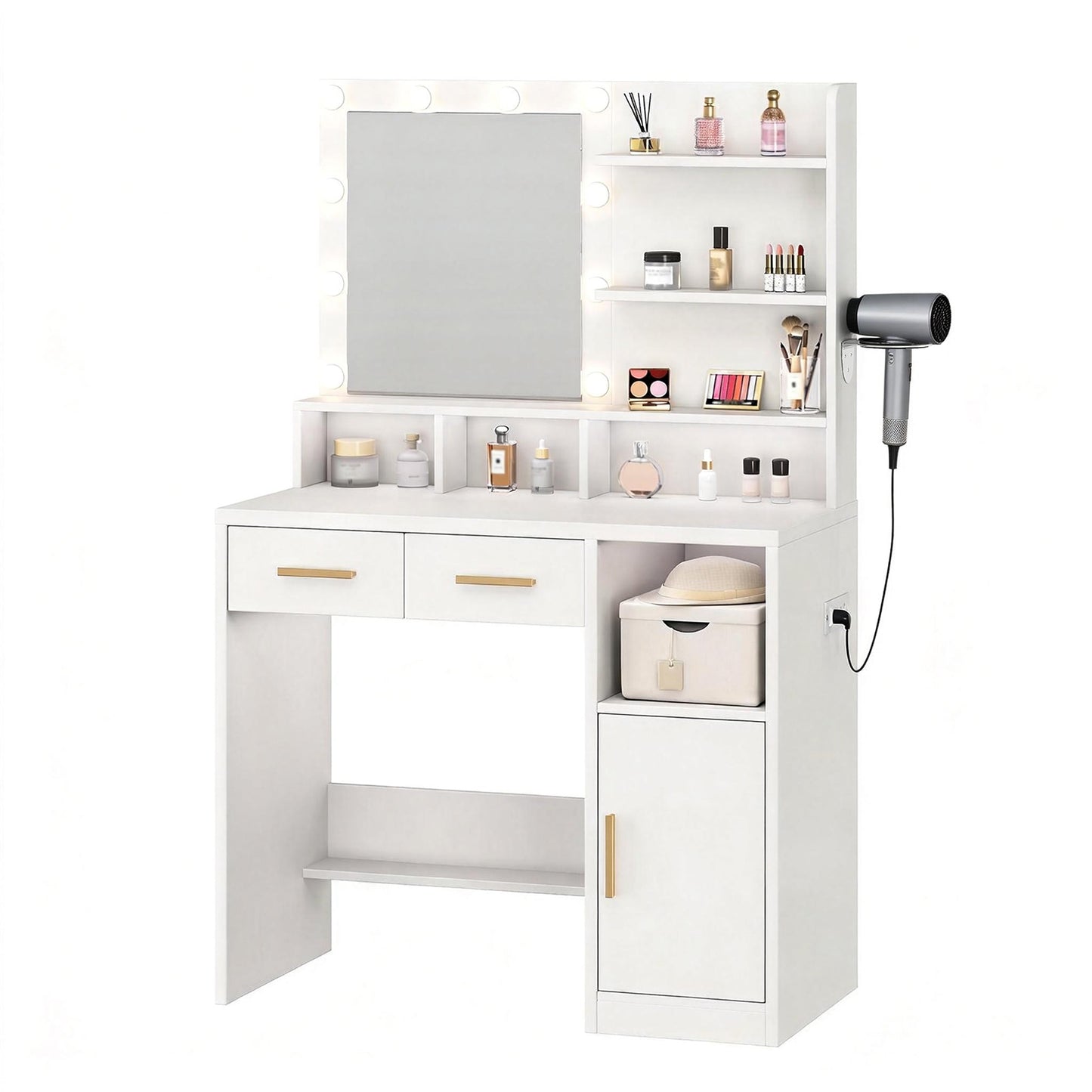 Vanity Desk White Easy Assembly Makeup Table with Mirror 3 Color LED Bulbs Power Outlet Open Storage Shelves Cabinet Drawers for Bedroom