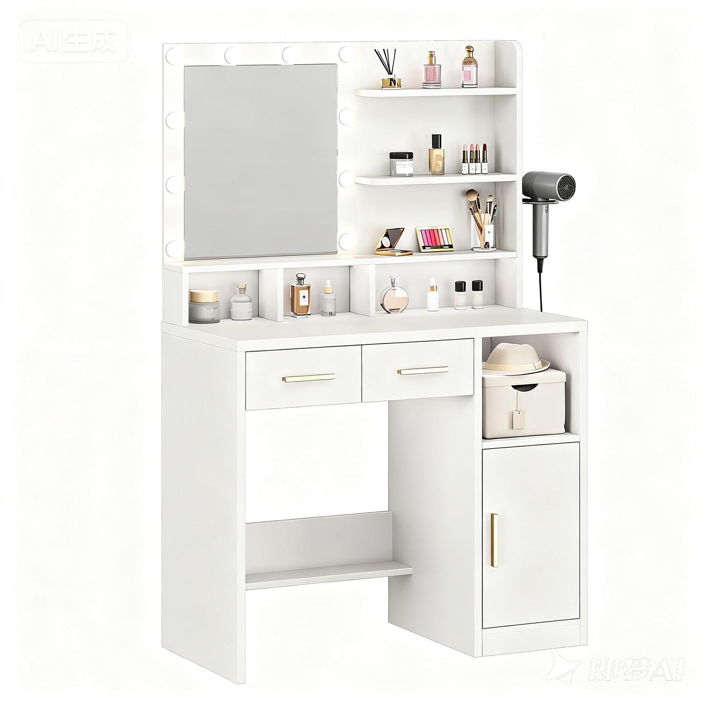 Vanity Desk White Easy Assembly Makeup Table with Mirror 3 Color LED Bulbs Power Outlet Open Storage Shelves Cabinet Drawers for Bedroom