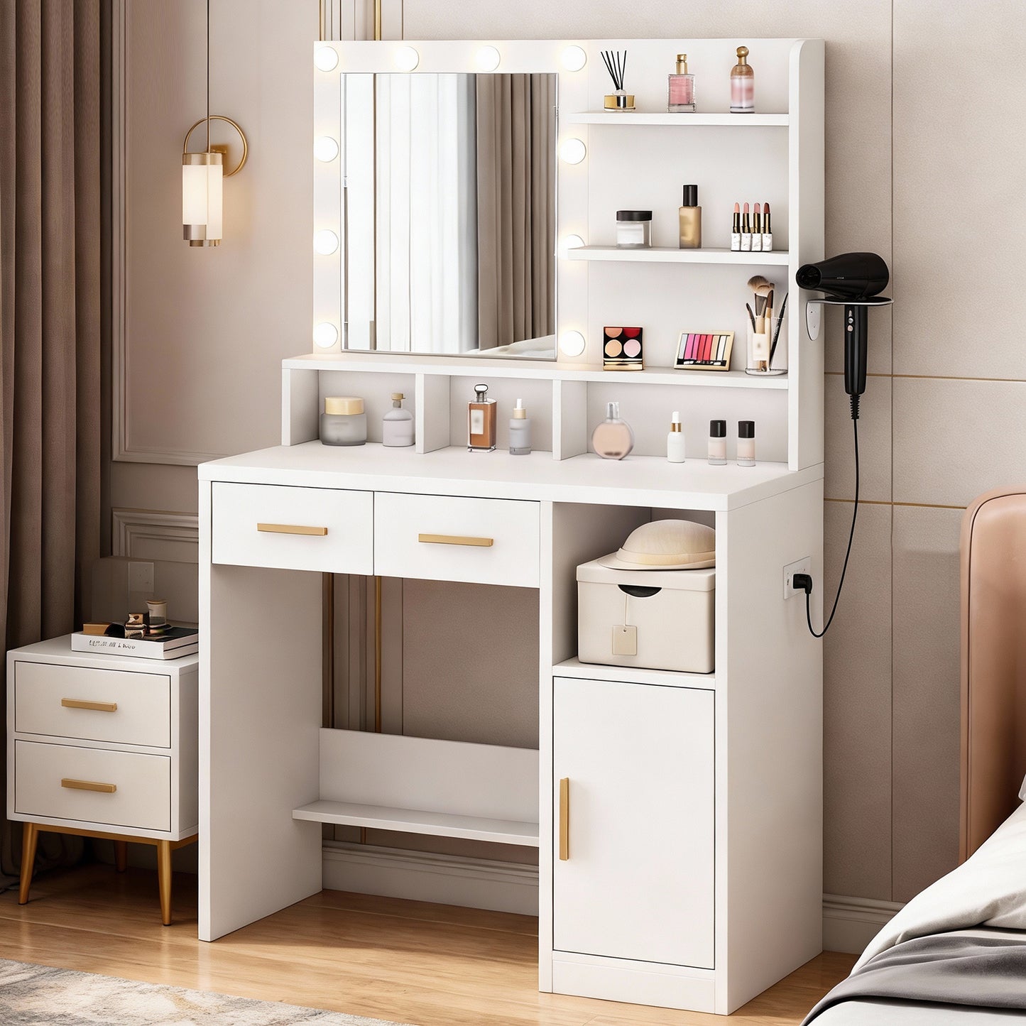 Vanity Desk White Easy Assembly Makeup Table with Mirror 3 Color LED Bulbs Power Outlet Open Storage Shelves Cabinet Drawers for Bedroom