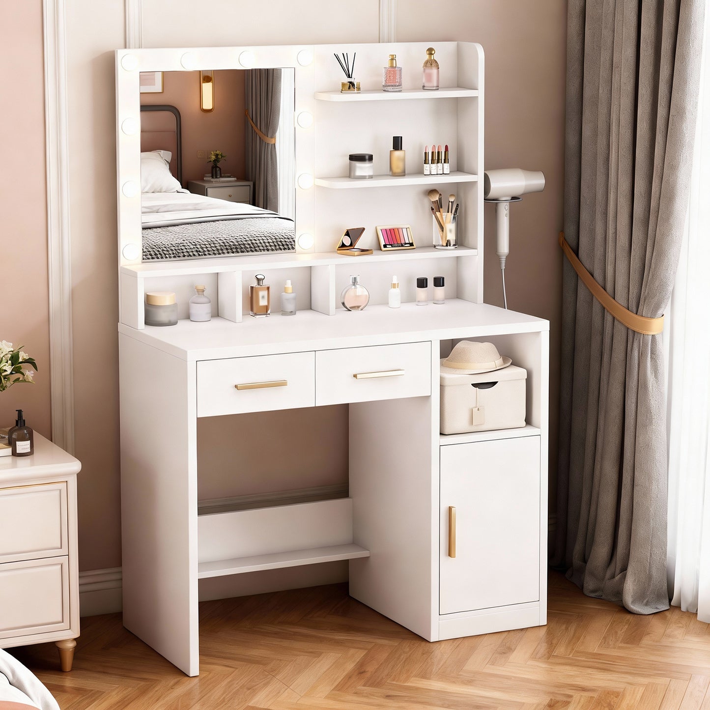 Vanity Desk White Easy Assembly Makeup Table with Mirror 3 Color LED Bulbs Power Outlet Open Storage Shelves Cabinet Drawers for Bedroom