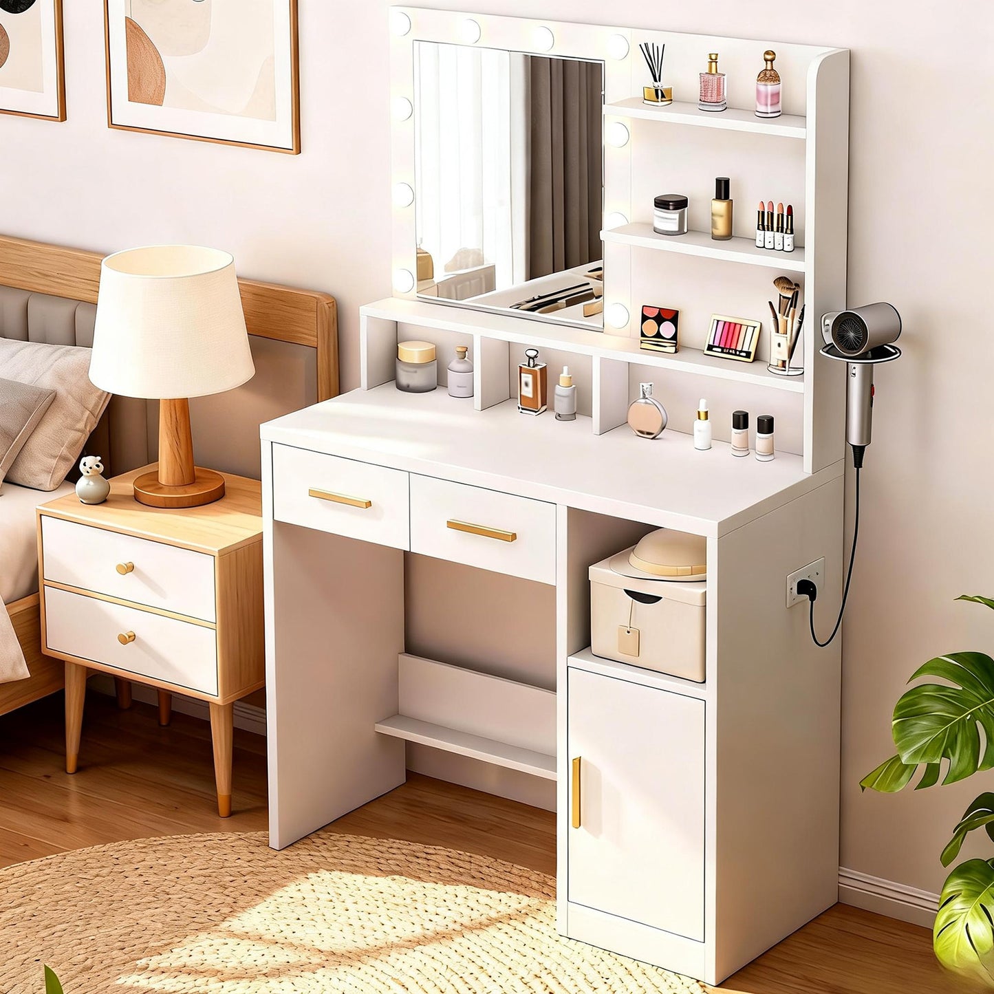 Vanity Desk White Easy Assembly Makeup Table with Mirror 3 Color LED Bulbs Power Outlet Open Storage Shelves Cabinet Drawers for Bedroom