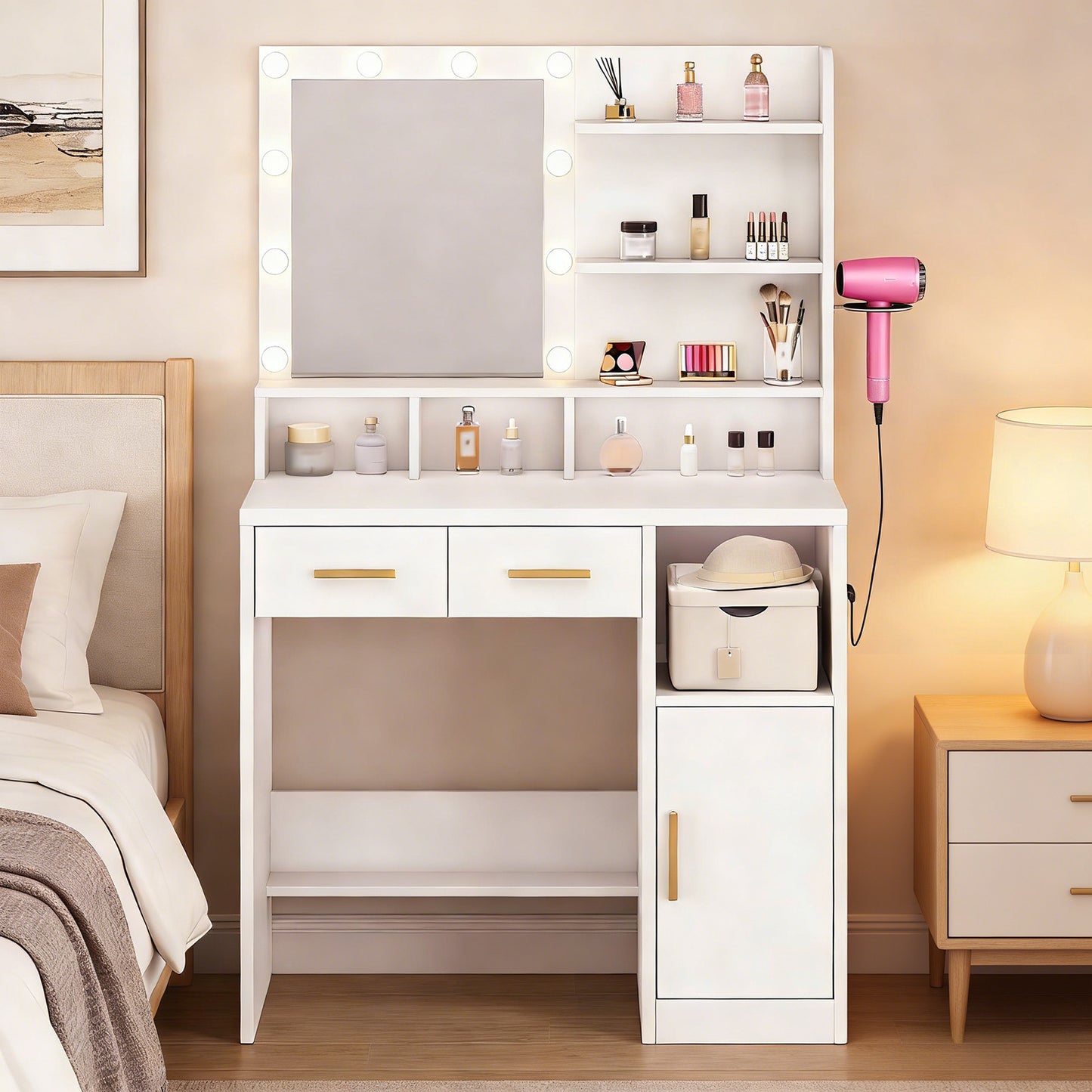 Vanity Desk White Easy Assembly Makeup Table with Mirror 3 Color LED Bulbs Power Outlet Open Storage Shelves Cabinet Drawers for Bedroom