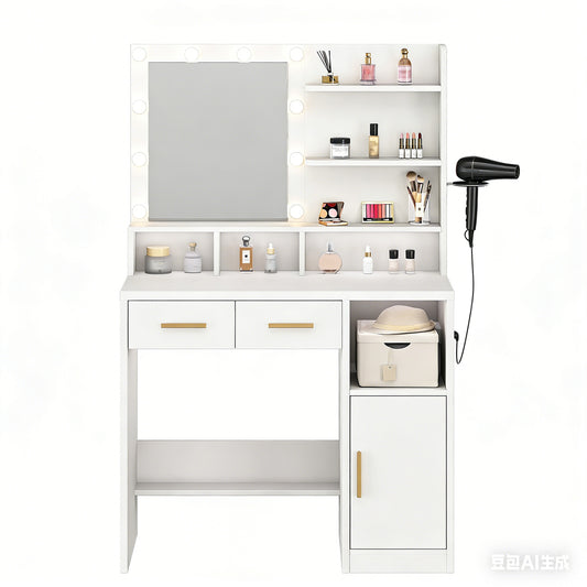 Vanity Desk White Easy Assembly Makeup Table with Mirror 3 Color LED Bulbs Power Outlet Open Storage Shelves Cabinet Drawers for Bedroom