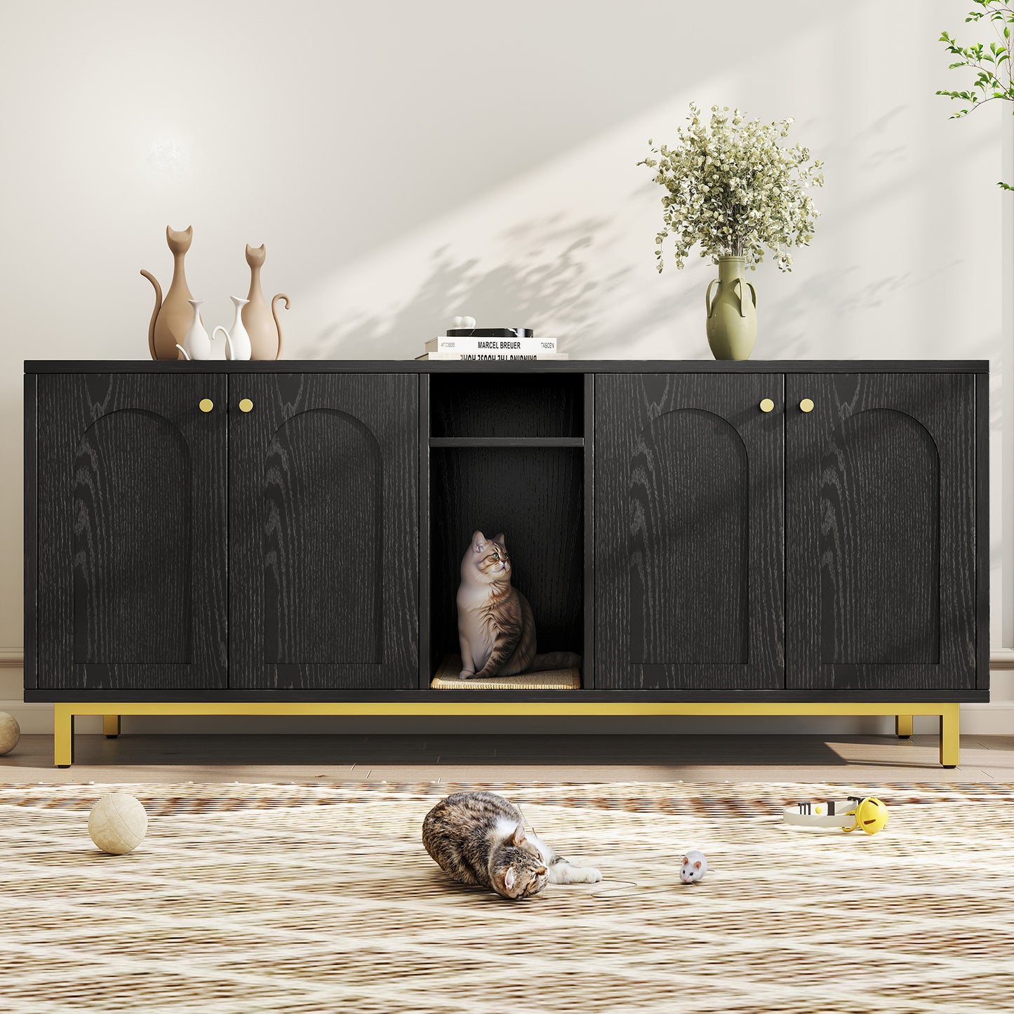 Cat Litter Box Enclosure Black Color Large Capacity Double Magnetic Door Design Litter Box Furniture Enclosure Cabin with Scratching Pad