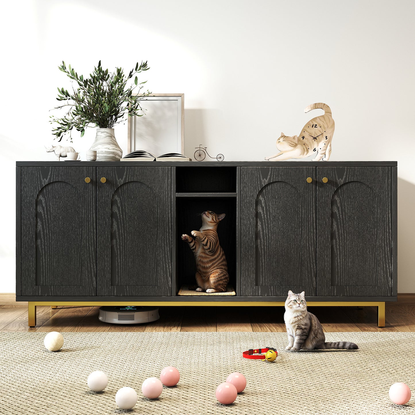 Cat Litter Box Enclosure Black Color Large Capacity Double Magnetic Door Design Litter Box Furniture Enclosure Cabin with Scratching Pad