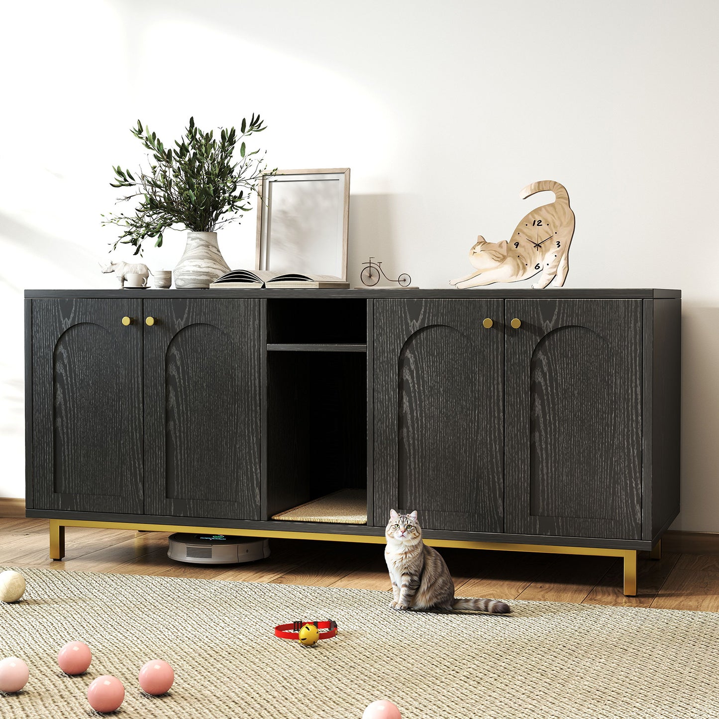Cat Litter Box Enclosure Black Color Large Capacity Double Magnetic Door Design Litter Box Furniture Enclosure Cabin with Scratching Pad
