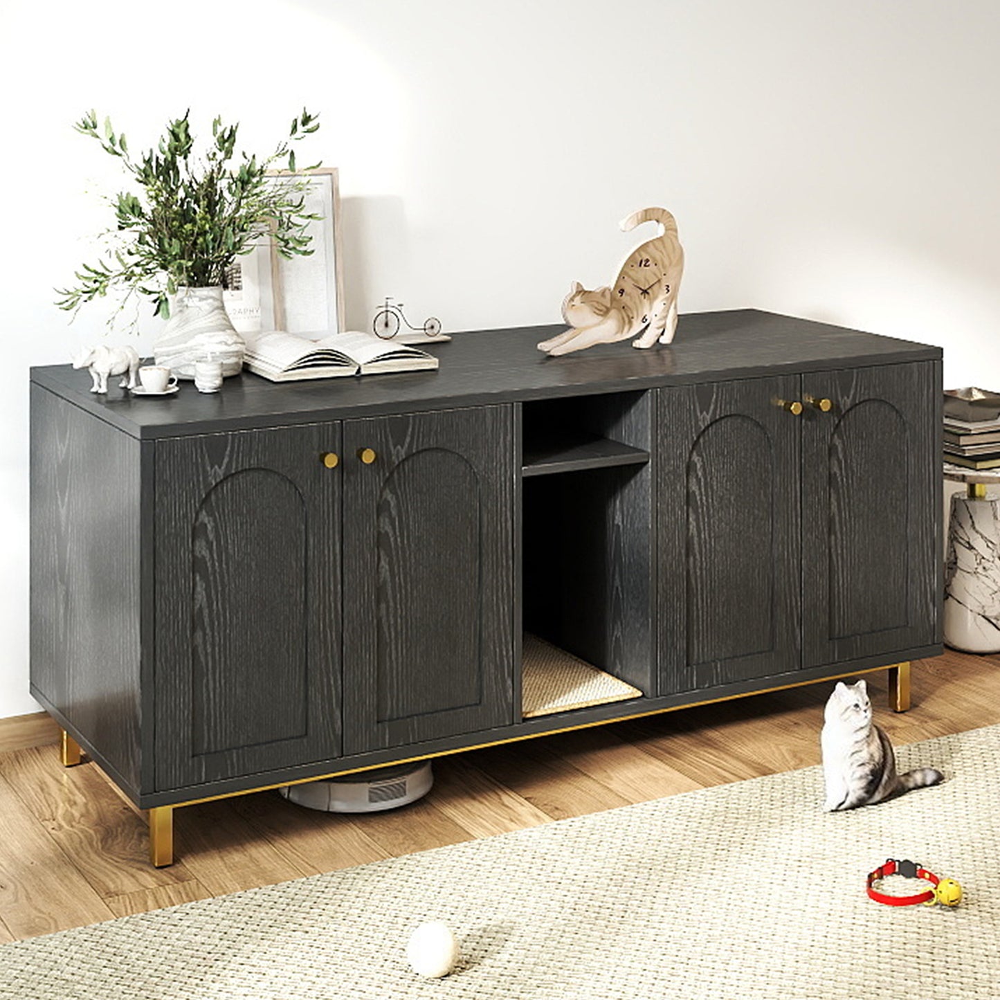 Cat Litter Box Enclosure Black Color Large Capacity Double Magnetic Door Design Litter Box Furniture Enclosure Cabin with Scratching Pad