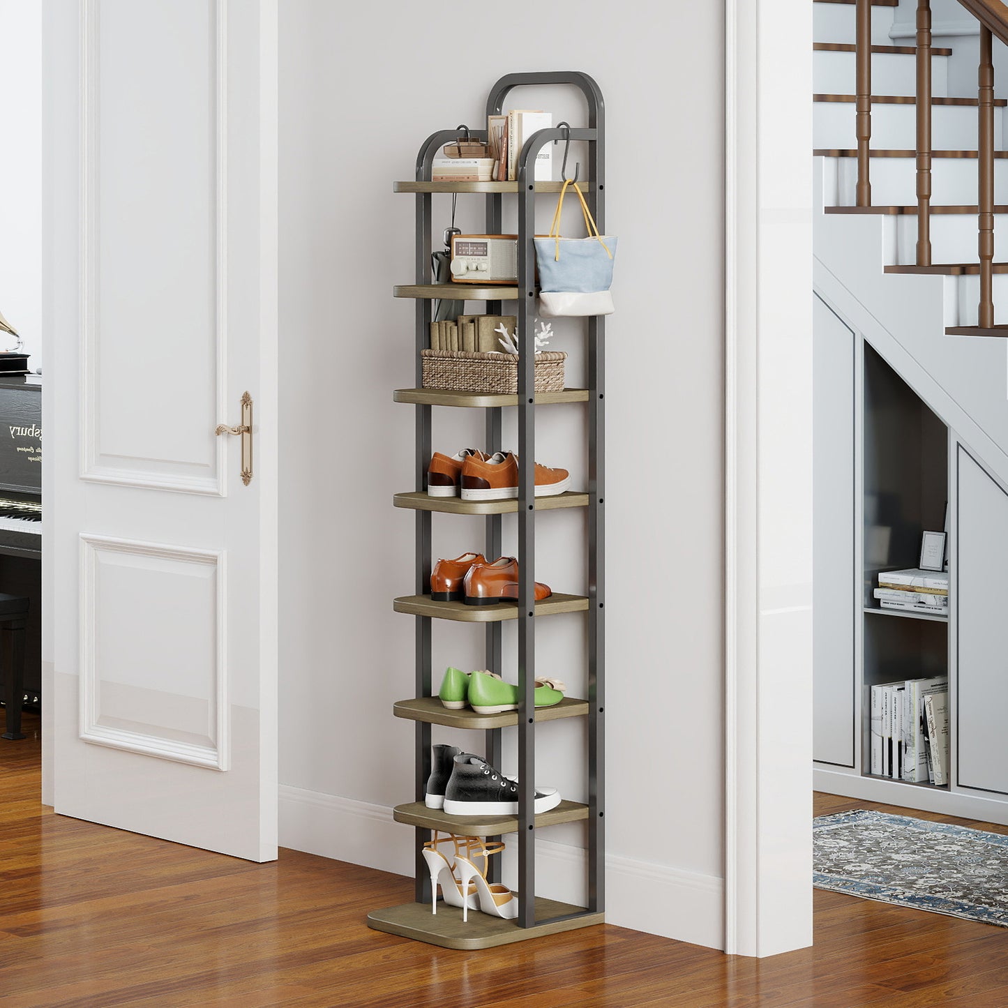 KOLIGEY 8 Tiers Vertical Shoe Rack Narrow Shoe Storage Organizer with 2 Hooks Adjustable Shelves for Corner Small Spaces Entryway