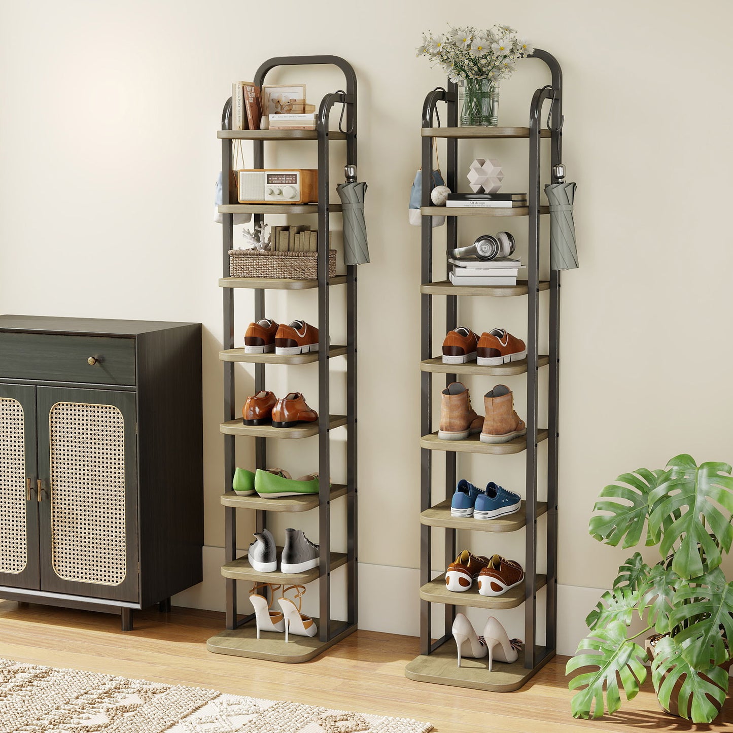 KOLIGEY 8 Tiers Vertical Shoe Rack Narrow Shoe Storage Organizer with 2 Hooks Adjustable Shelves for Corner Small Spaces Entryway