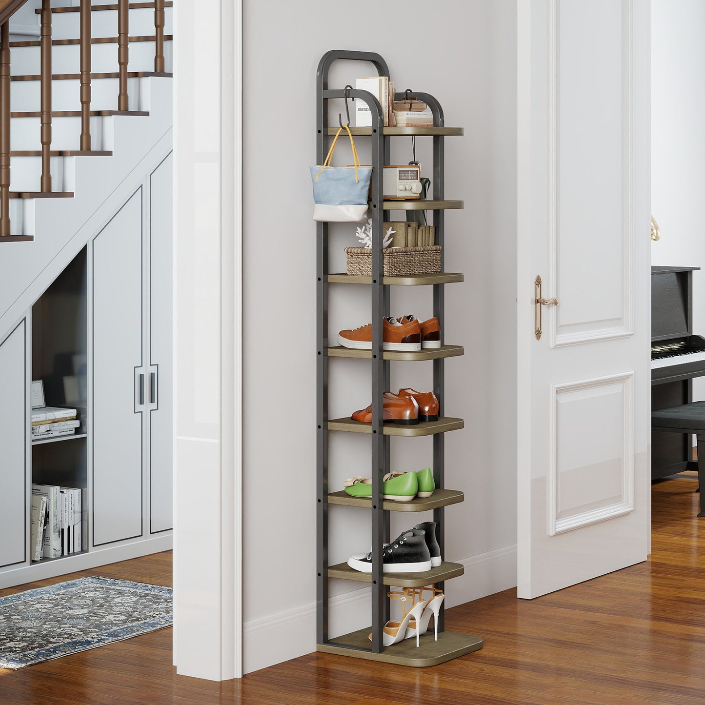 KOLIGEY 8 Tiers Vertical Shoe Rack Narrow Shoe Storage Organizer with 2 Hooks Adjustable Shelves for Corner Small Spaces Entryway