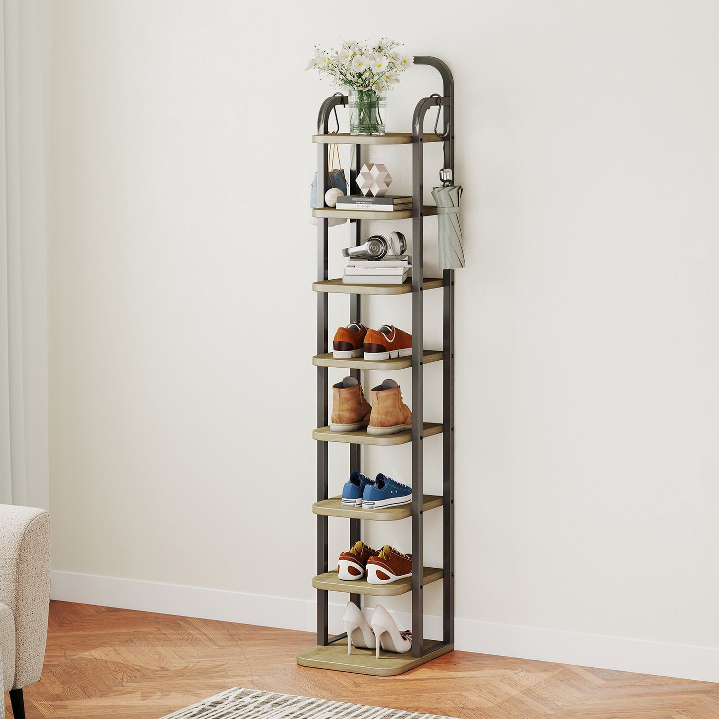 KOLIGEY 8 Tiers Vertical Shoe Rack Narrow Shoe Storage Organizer with 2 Hooks Adjustable Shelves for Corner Small Spaces Entryway