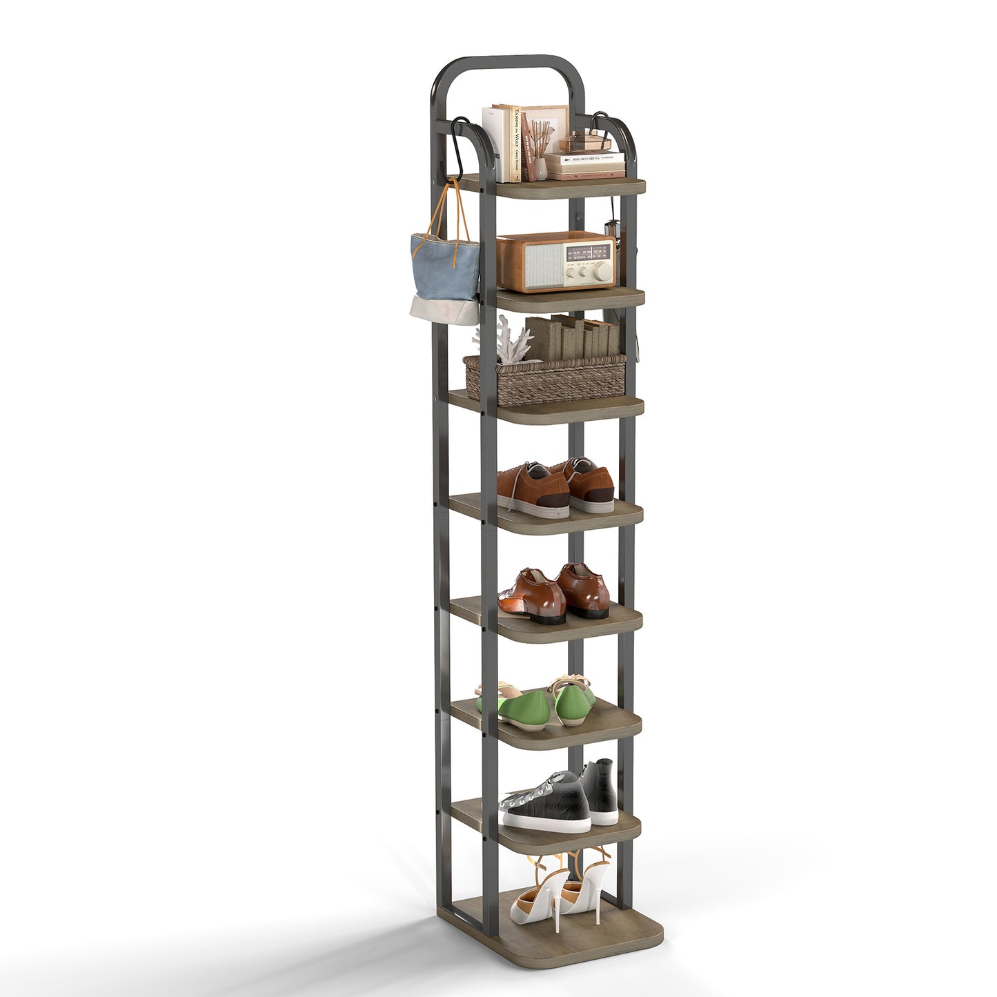 KOLIGEY 8 Tiers Vertical Shoe Rack Narrow Shoe Storage Organizer with 2 Hooks Adjustable Shelves for Corner Small Spaces Entryway