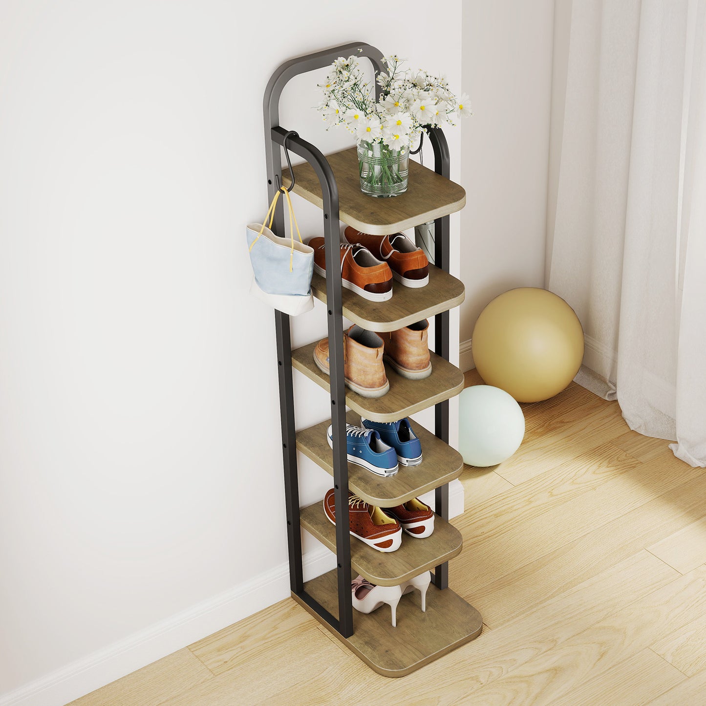 KOLIGEY 8 Tiers Vertical Shoe Rack Narrow Shoe Storage Organizer with 2 Hooks Adjustable Shelves for Corner Small Spaces Entryway