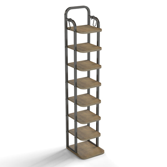 KOLIGEY 8 Tiers Vertical Shoe Rack Narrow Shoe Storage Organizer with 2 Hooks Adjustable Shelves for Corner Small Spaces Entryway