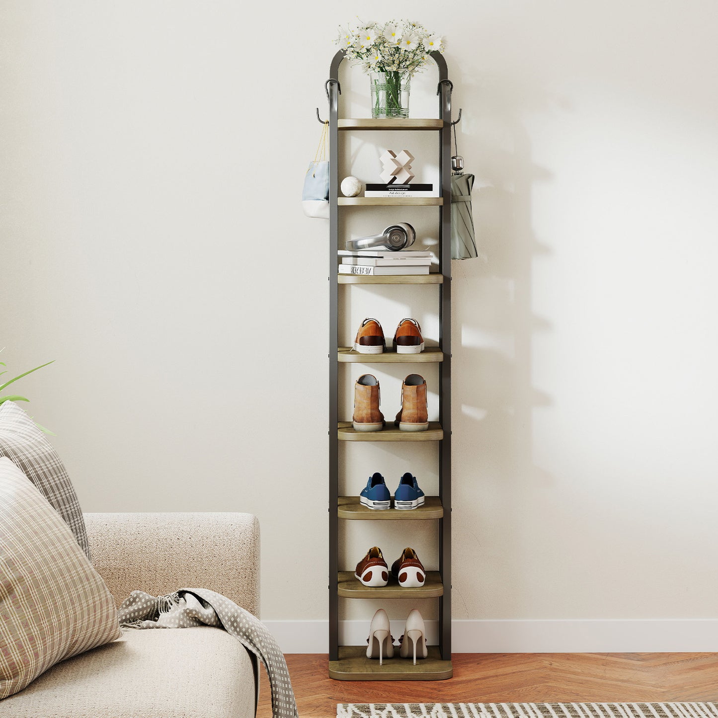 KOLIGEY 8 Tiers Vertical Shoe Rack Narrow Shoe Storage Organizer with 2 Hooks Adjustable Shelves for Corner Small Spaces Entryway