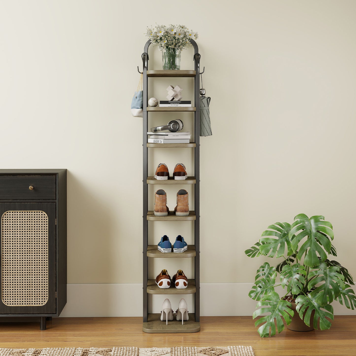 KOLIGEY 8 Tiers Vertical Shoe Rack Narrow Shoe Storage Organizer with 2 Hooks Adjustable Shelves for Corner Small Spaces Entryway