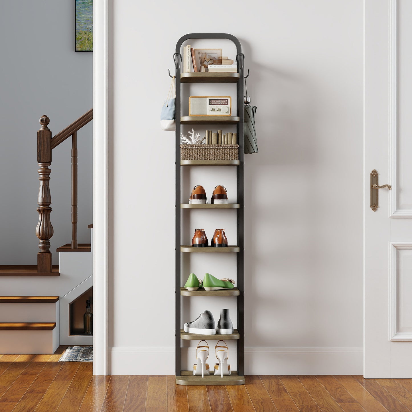KOLIGEY 8 Tiers Vertical Shoe Rack Narrow Shoe Storage Organizer with 2 Hooks Adjustable Shelves for Corner Small Spaces Entryway