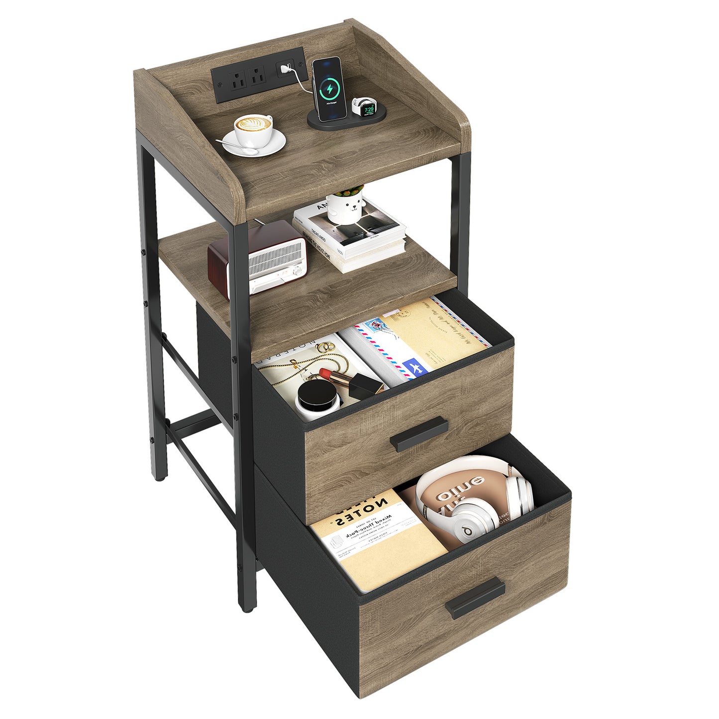 Night Stand with Charging Station and Light Bedside End Table with Fabric Drawers and USB Ports and Outlets for Bedroom Rustic Brown