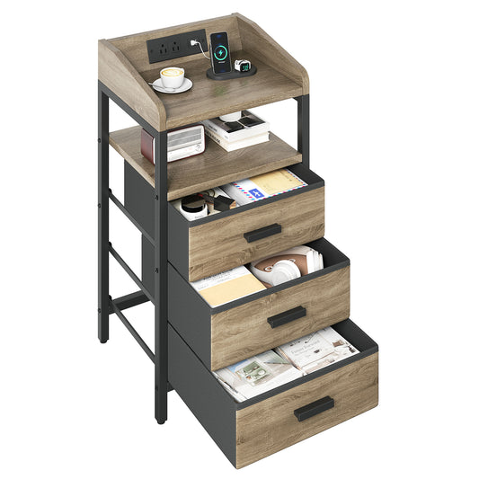 Night Stand with Charging Station and Light Bedside End Table with Fabric Drawers and USB Ports and Outlets for Bedroom Rustic Brown