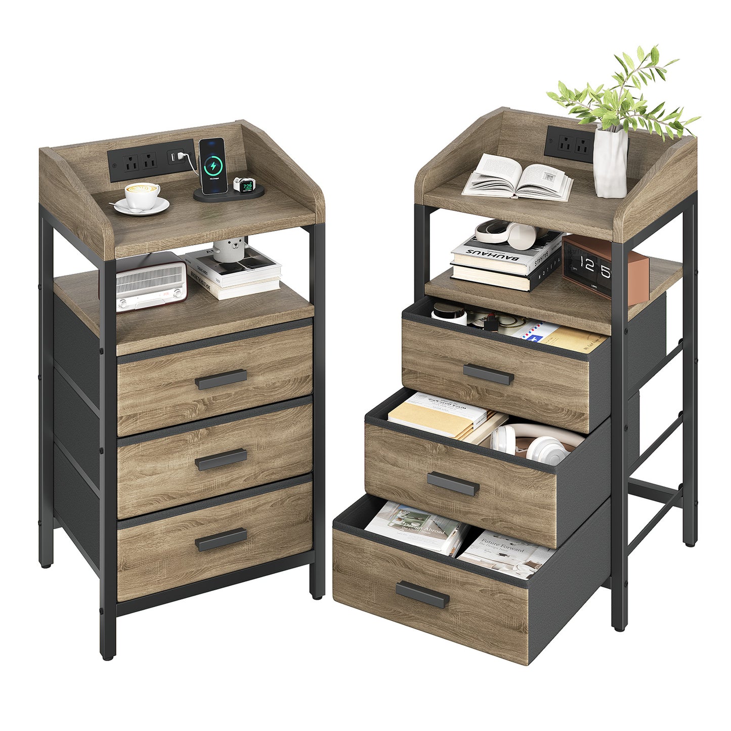 Night Stand with Charging Station and Light Bedside End Table with Fabric Drawers and USB Ports and Outlets for Bedroom Rustic Brown