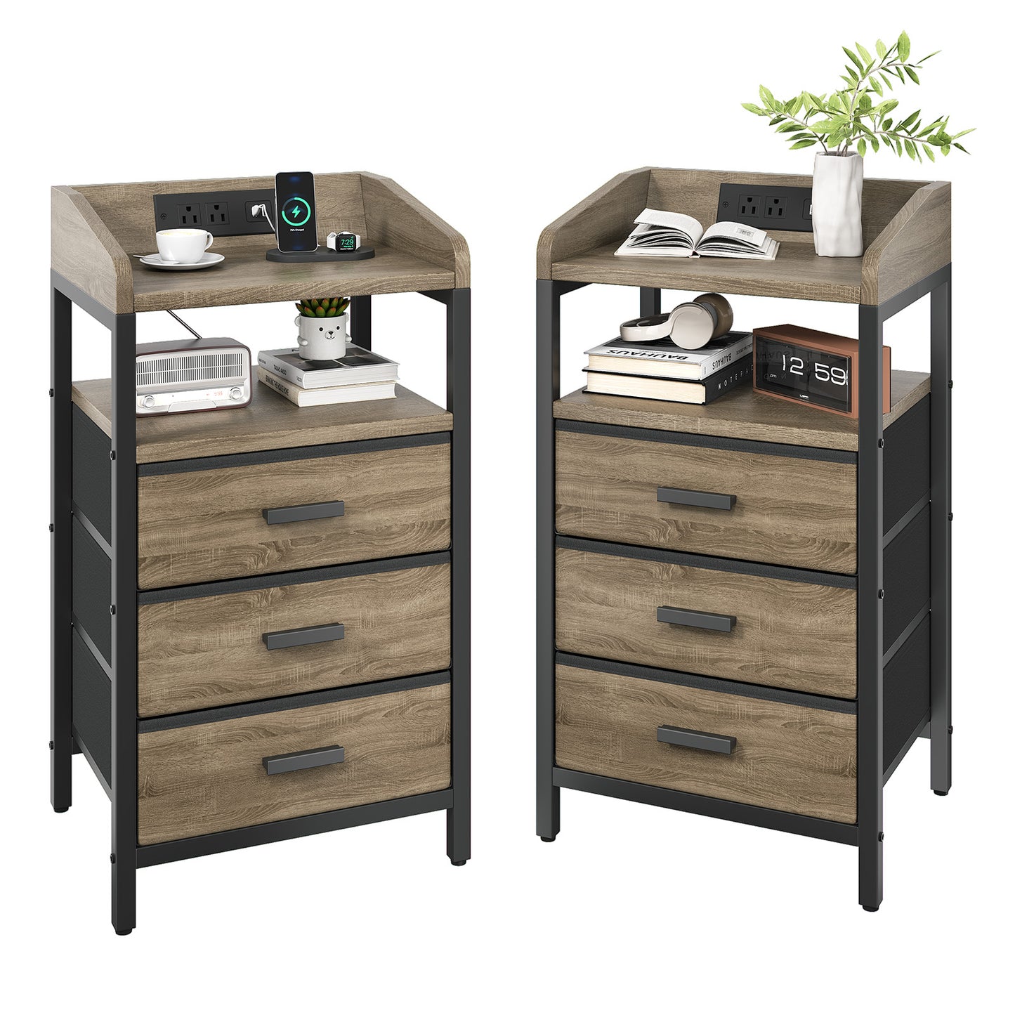 Night Stand with Charging Station and Light Bedside End Table with Fabric Drawers and USB Ports and Outlets for Bedroom Rustic Brown