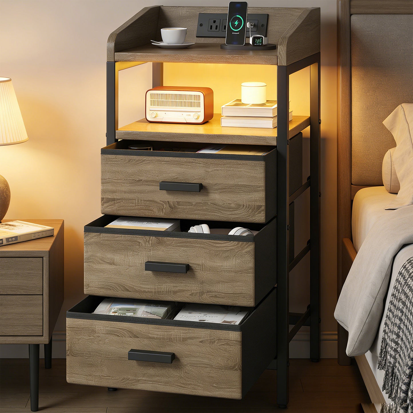Night Stand with Charging Station and Light Bedside End Table with Fabric Drawers and USB Ports and Outlets for Bedroom Rustic Brown