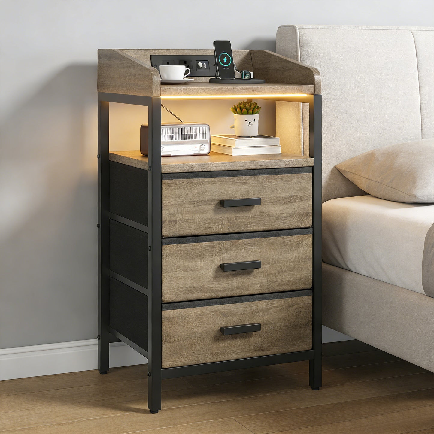Night Stand with Charging Station and Light Bedside End Table with Fabric Drawers and USB Ports and Outlets for Bedroom Rustic Brown