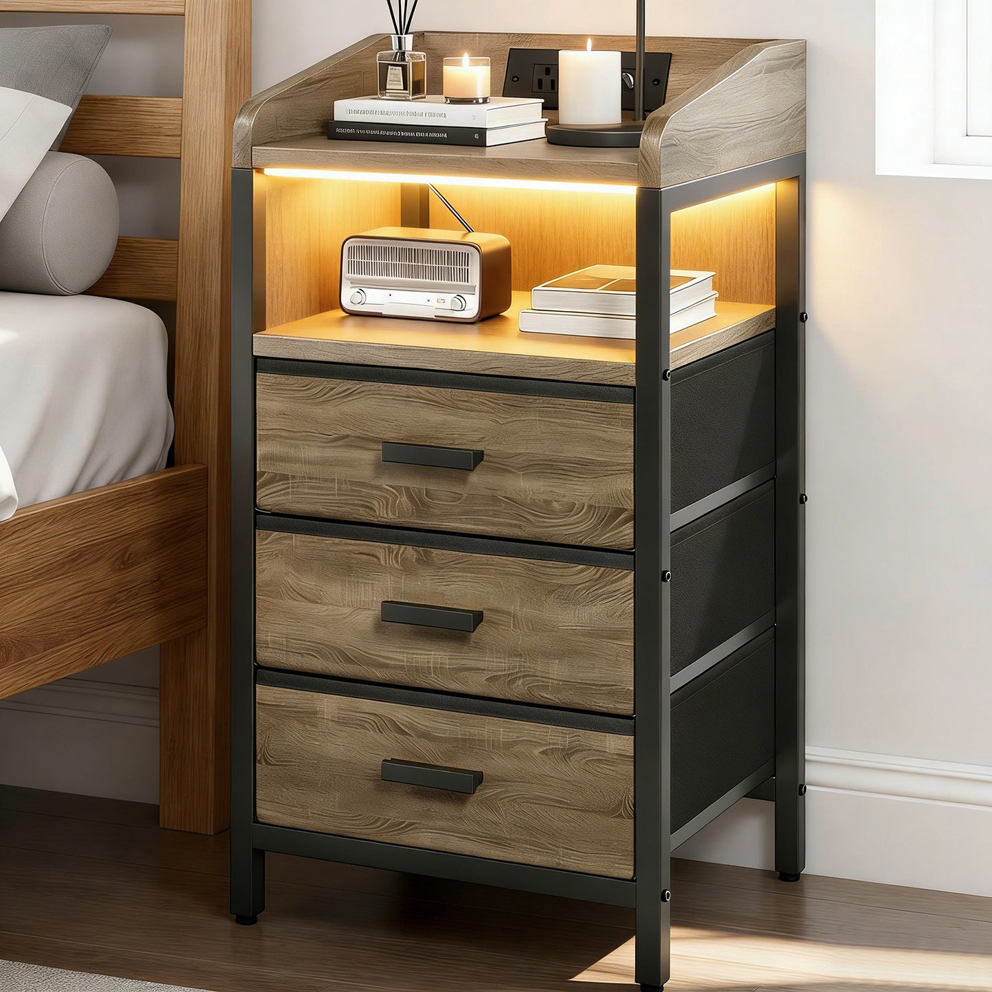 Night Stand with Charging Station and Light Bedside End Table with Fabric Drawers and USB Ports and Outlets for Bedroom Rustic Brown