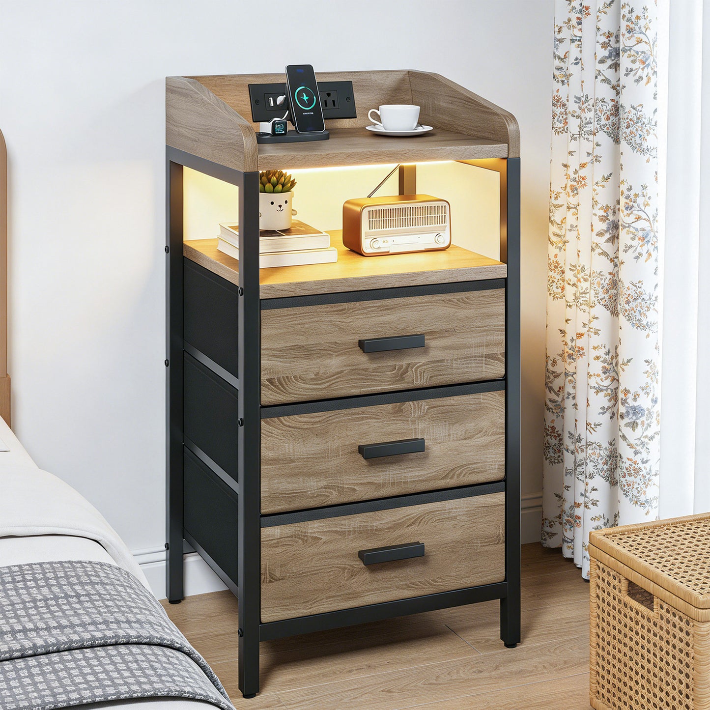 Night Stand with Charging Station and Light Bedside End Table with Fabric Drawers and USB Ports and Outlets for Bedroom Rustic Brown