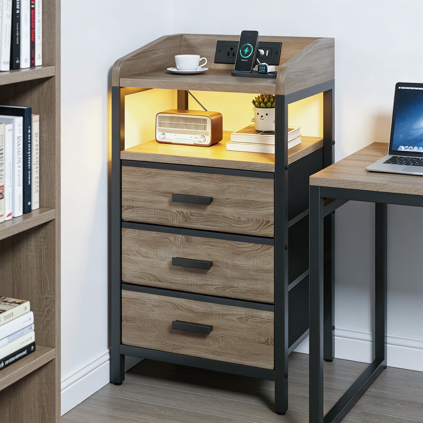 Night Stand with Charging Station and Light Bedside End Table with Fabric Drawers and USB Ports and Outlets for Bedroom Rustic Brown