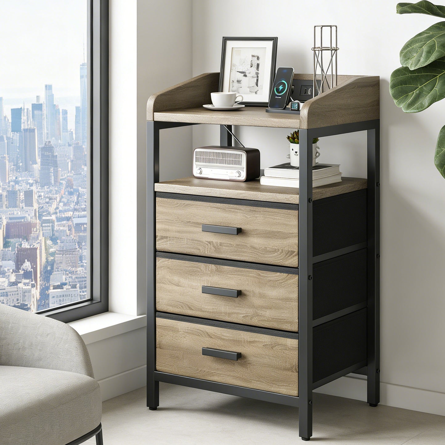 Night Stand with Charging Station and Light Bedside End Table with Fabric Drawers and USB Ports and Outlets for Bedroom Rustic Brown