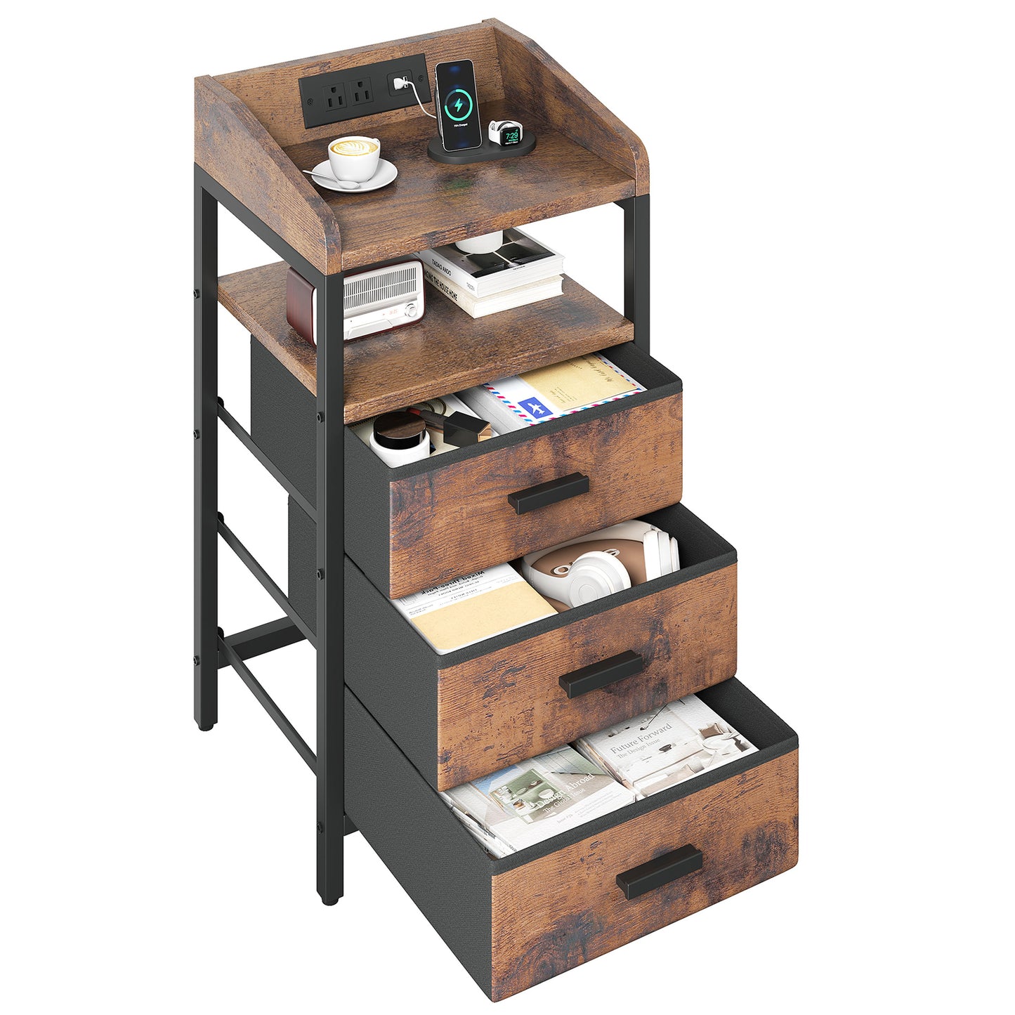 Night Stand with Charging Station and Light Bedside End Table with Fabric Drawers and USB Ports and Outlets for Bedroom Rustic Brown