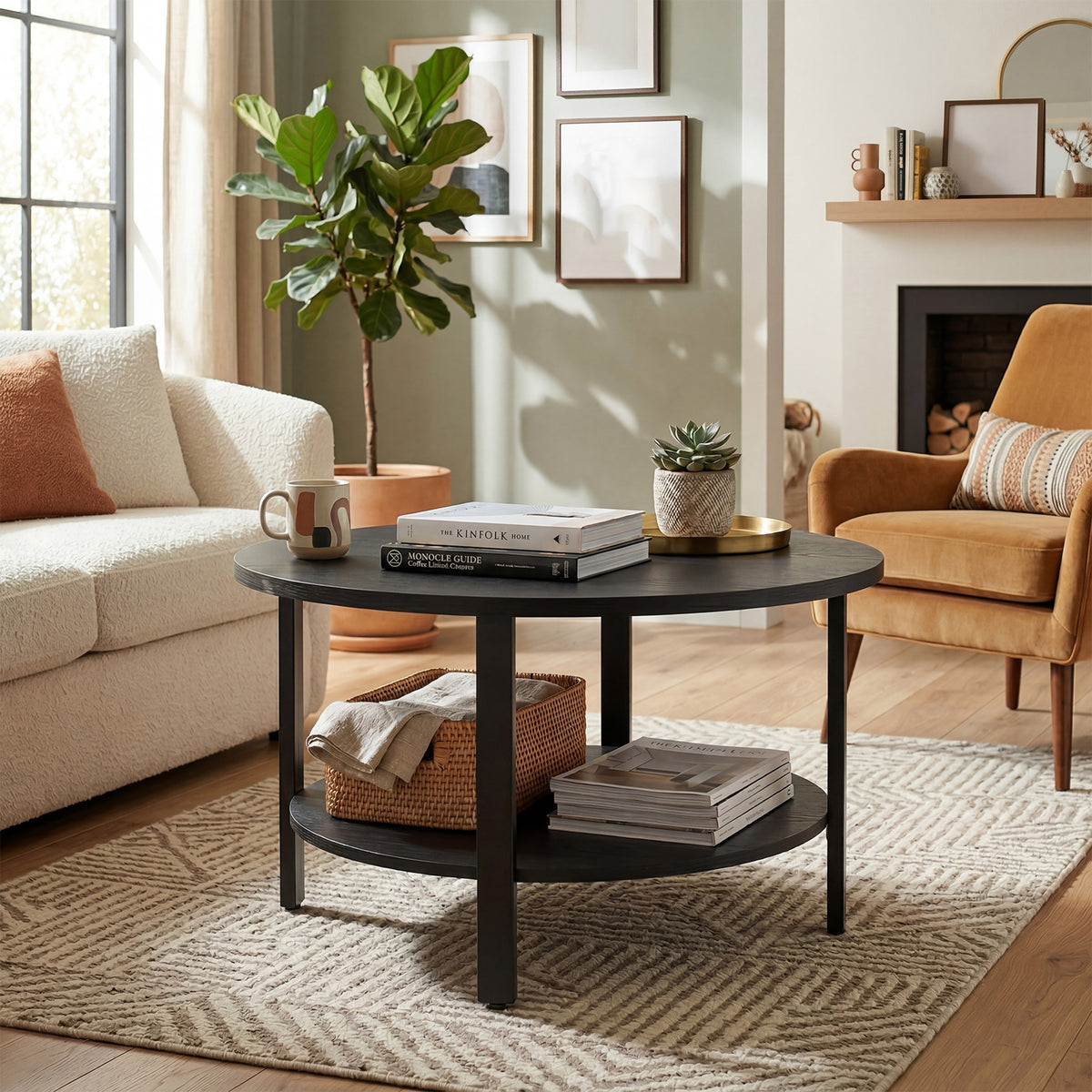 31.5in Round Coffee Table 2 Tier Center Table with Storage Easy Assembly for Living Room Home Office Black