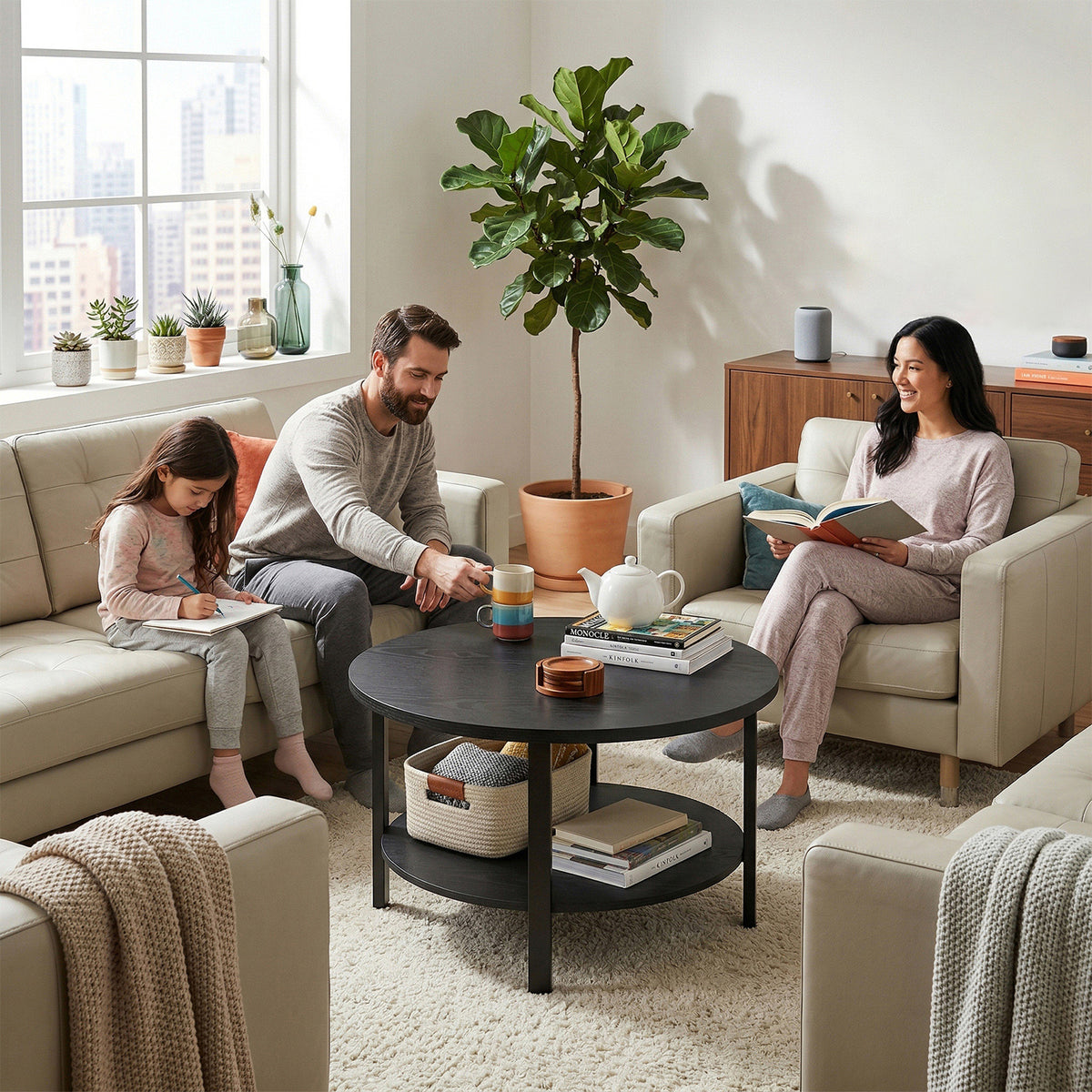 31.5in Round Coffee Table 2 Tier Center Table with Storage Easy Assembly for Living Room Home Office Black