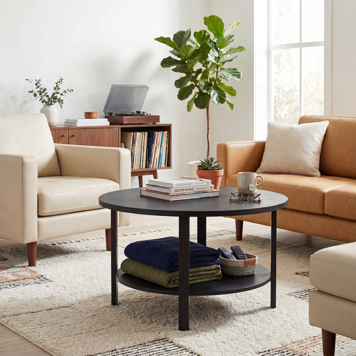 31.5in Round Coffee Table 2 Tier Center Table with Storage Easy Assembly for Living Room Home Office Black